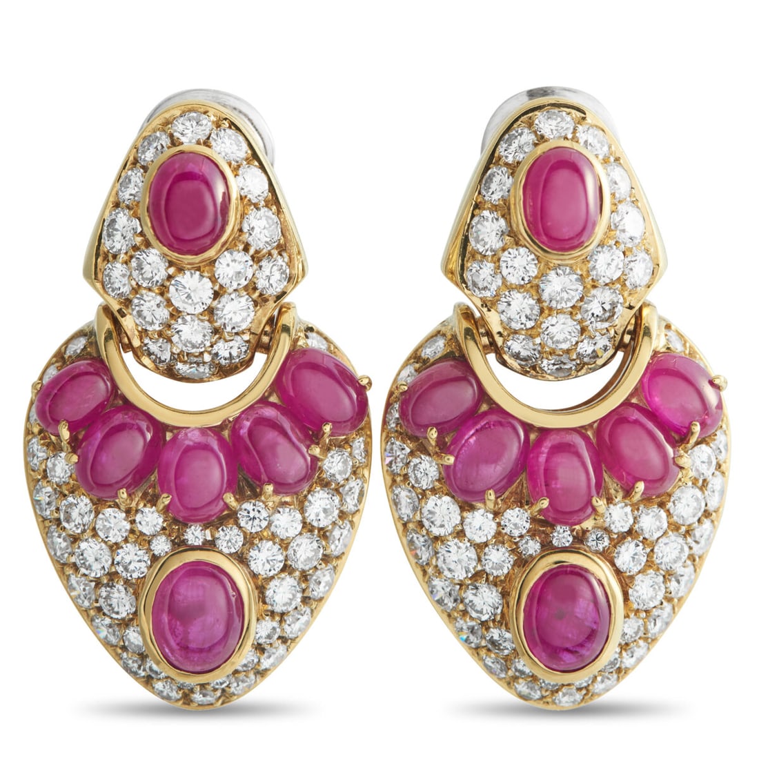 18K Yellow Gold 6.0ct Diamond and Ruby Earrings: 18K Yellow Gold 6.0ct Diamond and Ruby Earrings Set in 18K yellow gold, these earrings present a saturated display of color and light. Led by cabochon rubies totaling 9.50 carats and diamonds