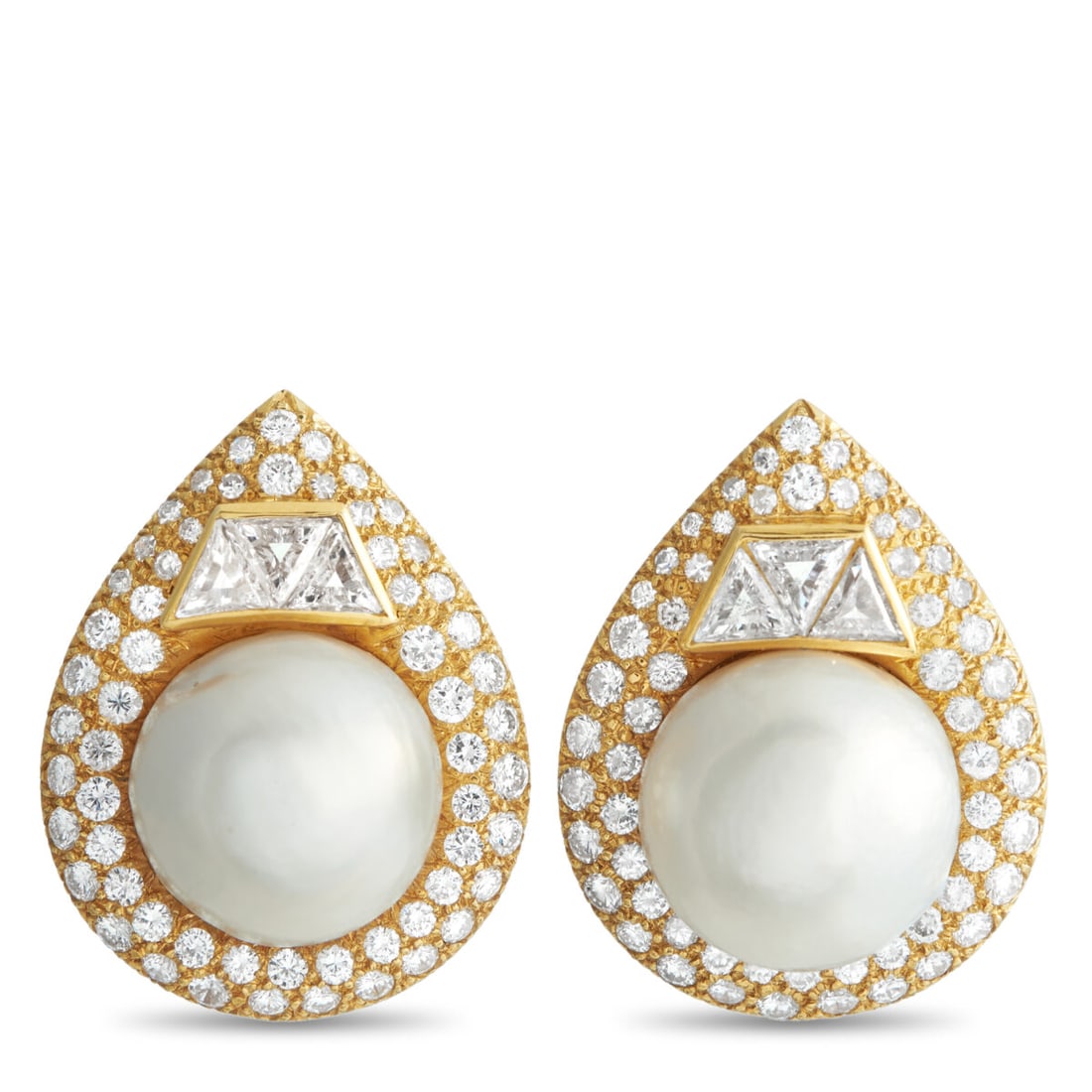 18K Yellow Gold 4.85ct Diamond and Pearl Earrings: 18K Yellow Gold 4.85ct Diamond and Pearl Earrings These pear-shaped earrings play with contrast and form. Diamond pavé traces the yellow gold frame, establishing a precise outer contour that anchors