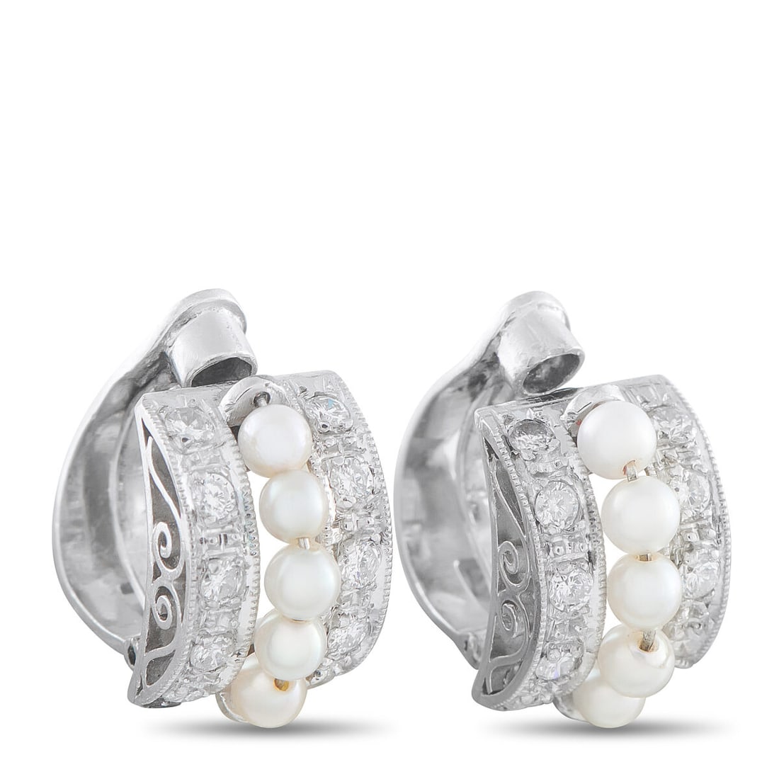 Platinum 0.40ct Diamond and Pearl Clip-On Earrings: Platinum 0.40ct Diamond and Pearl Clip-On Earrings These earrings feature a classically elegant design that will never go out of style. Set in Platinum, a series of Pearls accent the center of the cur