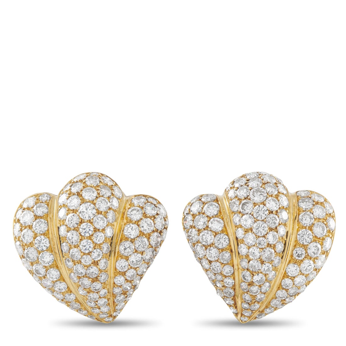 18K Yellow Gold 8.45ct Diamond Earrings: 18K Yellow Gold 8.45ct Diamond Earrings With a retro sensibility, these yellow gold shell earrings highlight sculptural form and surface detail. The asymmetrical shell shape scallops along one edge an
