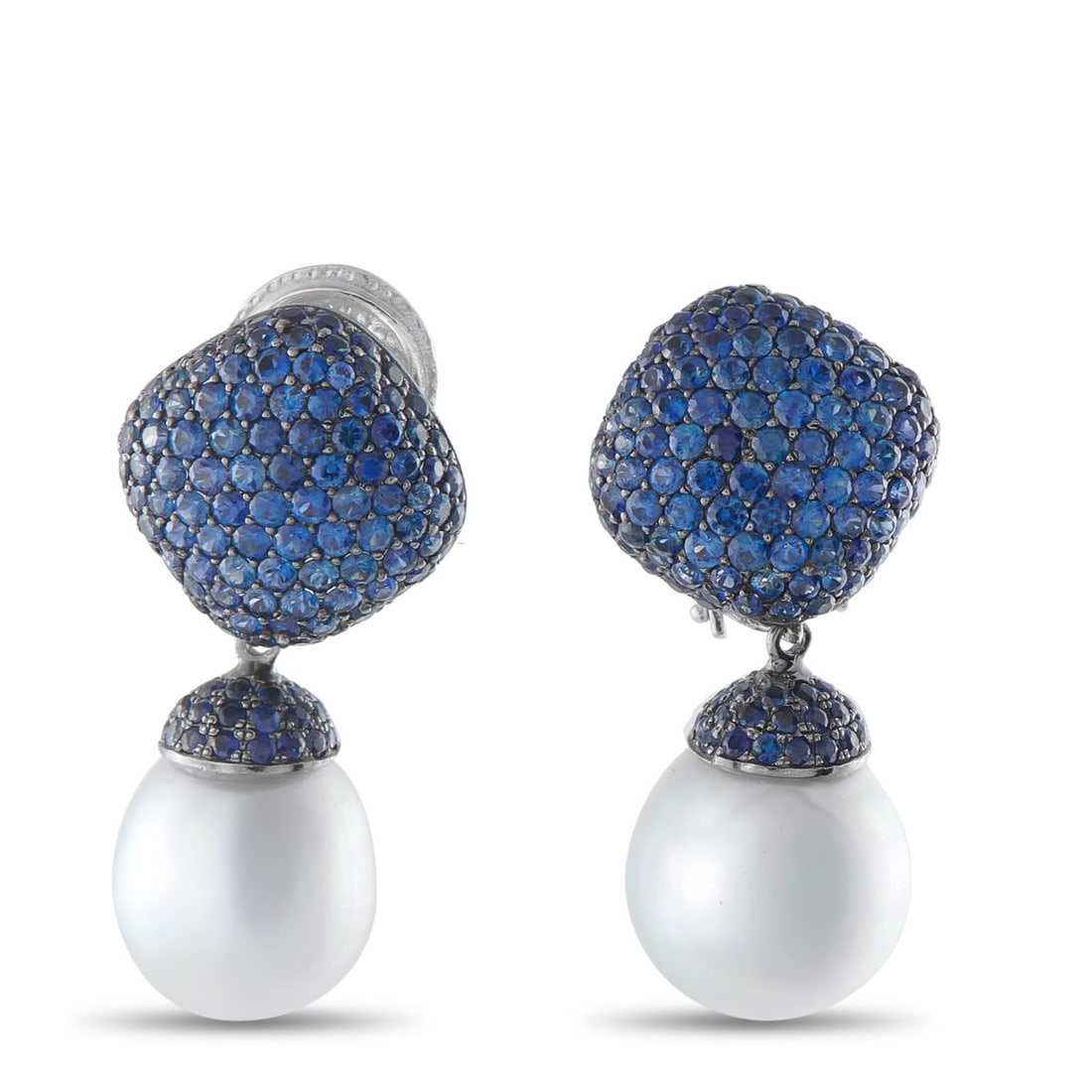 YVEL 18K White Gold 7.0ct Sapphire and Pearl Earrings: YVEL 18K White Gold 7.0ct Sapphire and Pearl Earrings These Yvel earrings will make any ensemble even more exquisite. Vibrant Sapphire gemstones with a total weight of 7.0 carats allow them to come al