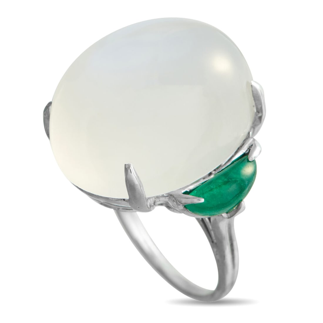 Platinum 2.20ct Emerald and Moonstone Statement Ring: Platinum 2.20ct Emerald and Moonstone Statement Ring This platinum ring centers on a substantial 32.0 carat moonstone cabochon, its domed surface alive with shifting light. Rising to a top height of 1