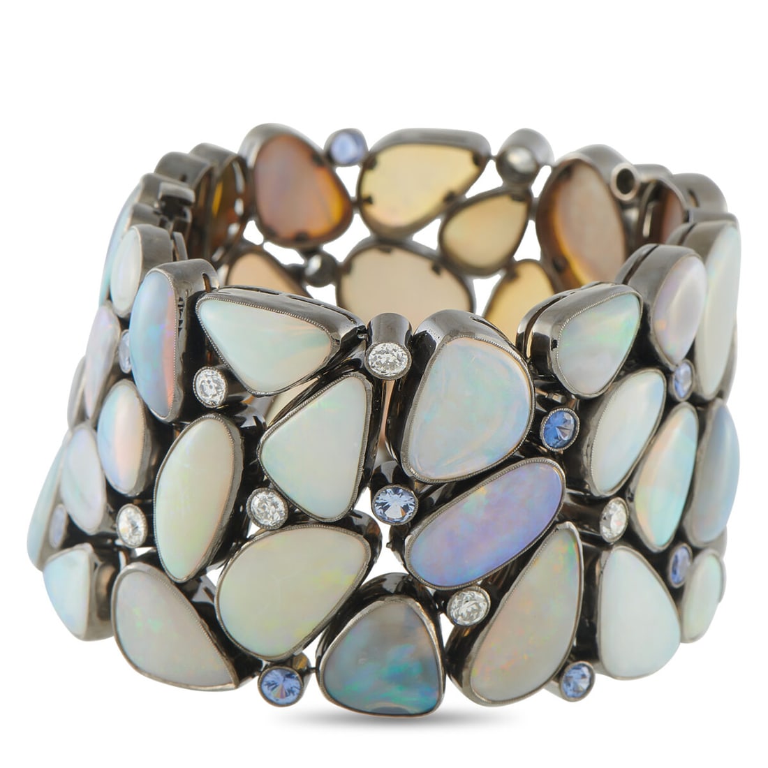 CICADA 18K White Gold 2.76ct Diamond, Opal, and Sapphire Bracelet: CICADA 18K White Gold 2.76ct Diamond, Opal, and Sapphire Bracelet Luminous Opals with a total weight of 116.30 carats make this Cicada bracelet come alive with color. Bold and incredibly eye-catching,