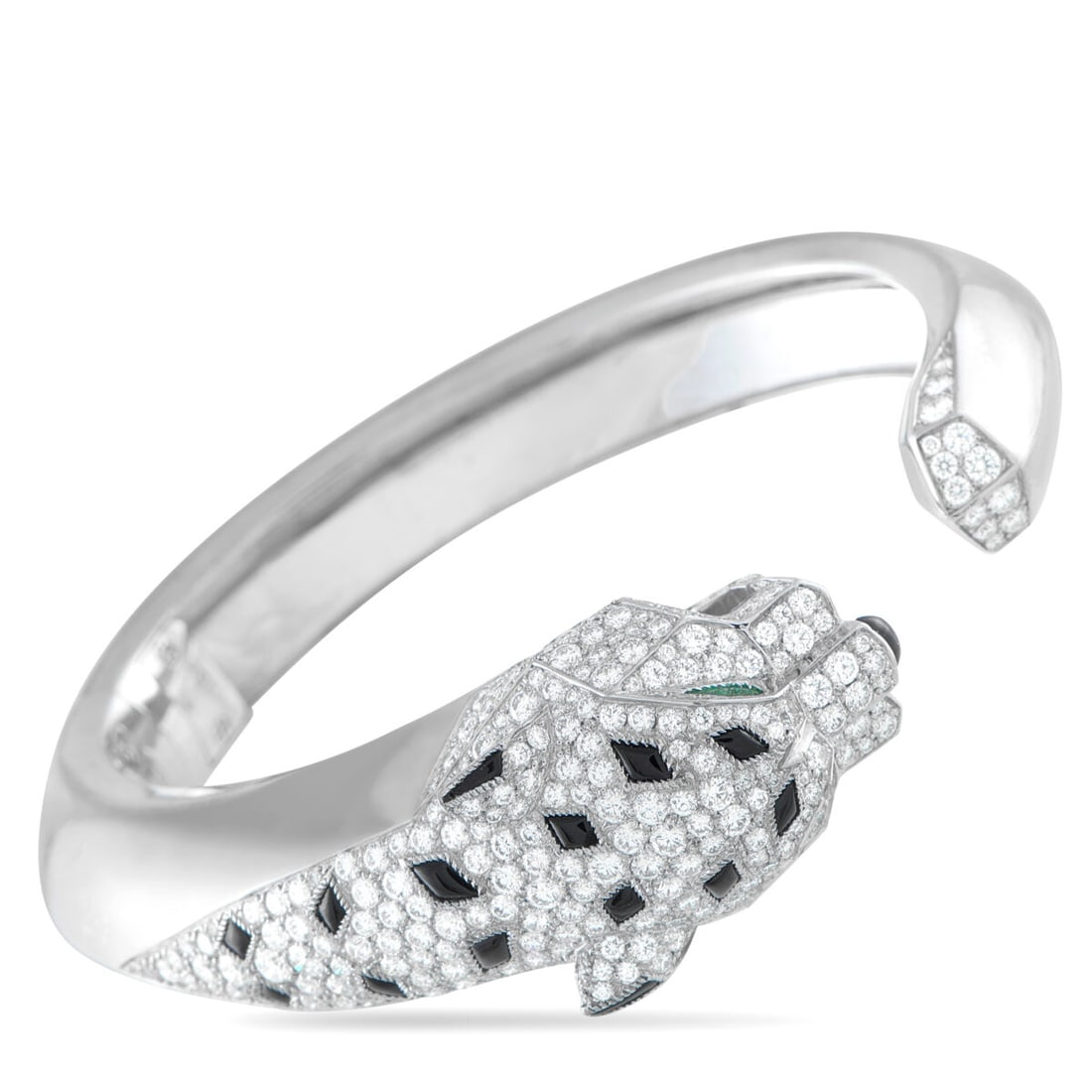 CARTIER Panthère 18K White Gold 4.33ct Diamond, Onyx and Emerald Cuff Bracelet: CARTIER Panthère 18K White Gold 4.33ct Diamond, Onyx and Emerald Cuff Bracelet. . The panther has long been used to express strength, intent, and precision.. In this piece, those qualities are transl