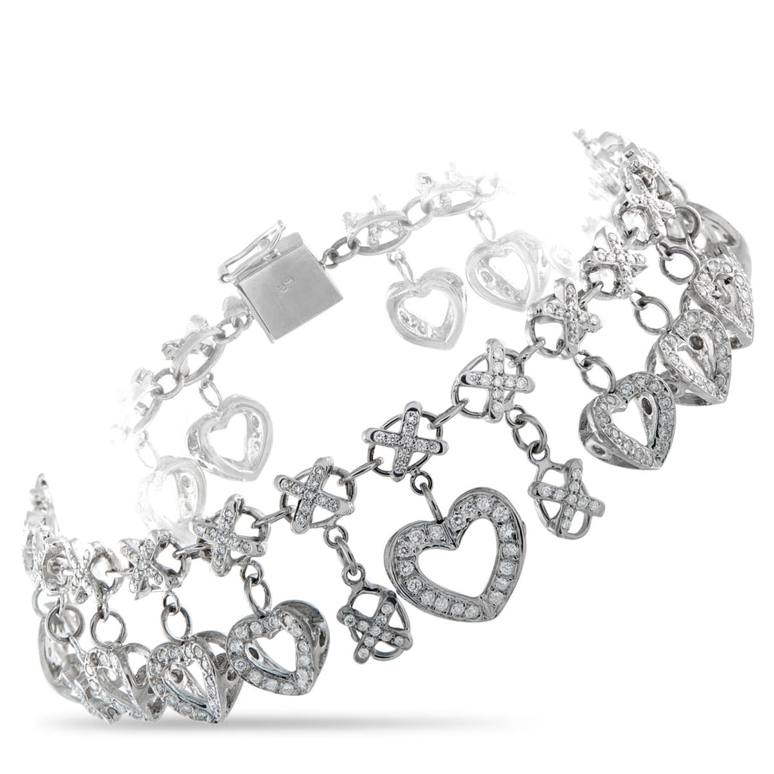 18K White Gold 2.5ct Diamond Charm Bracelet: 18K White Gold 2.5ct Diamond Charm Bracelet A white gold bracelet reimagining the classic “Hugs and Kisses” sentiment through a brilliant and playful design. It features “X” links trac