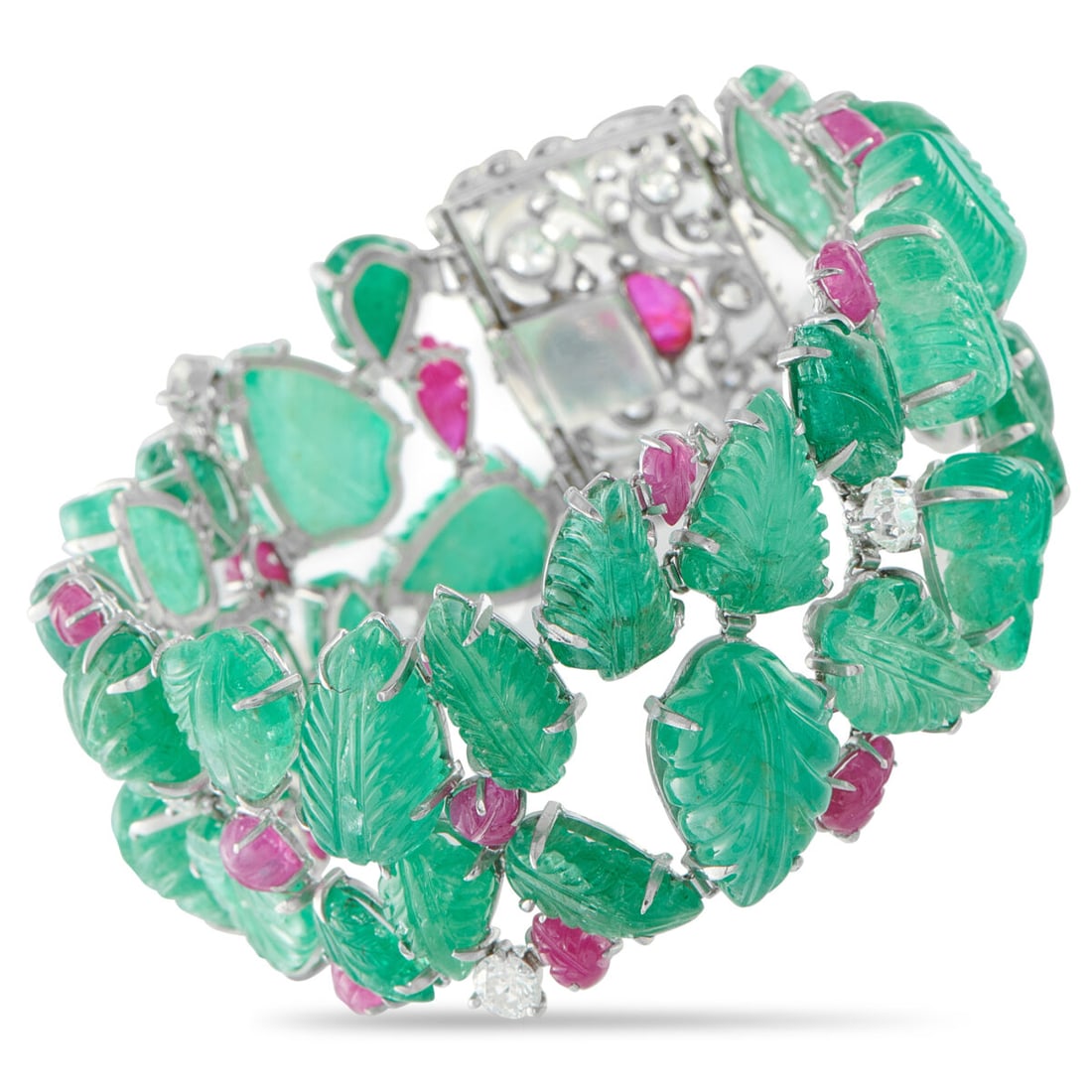 18K White Gold 3.50ct Diamond and Colored Gemstone Garden Bracelet: 18K White Gold 3.50ct Diamond and Colored Gemstone Garden Bracelet Carved green gemstones shaped as leaves are set in claw prongs and arranged in an organic, free-flowing layout. Accents of smaller le