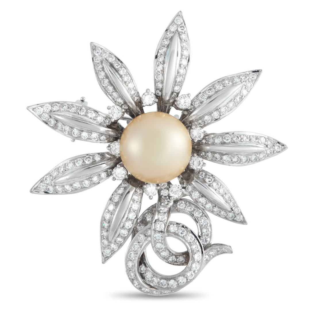 Platinum 5.50ct Diamond and Pearl Sunflower Brooch: Platinum 5.50ct Diamond and Pearl Sunflower Brooch. . Drawn from nature and rendered in platinum, this sunflower brooch centers on a 16mm champagne pearl set prominently at its heart. . Radiating outw