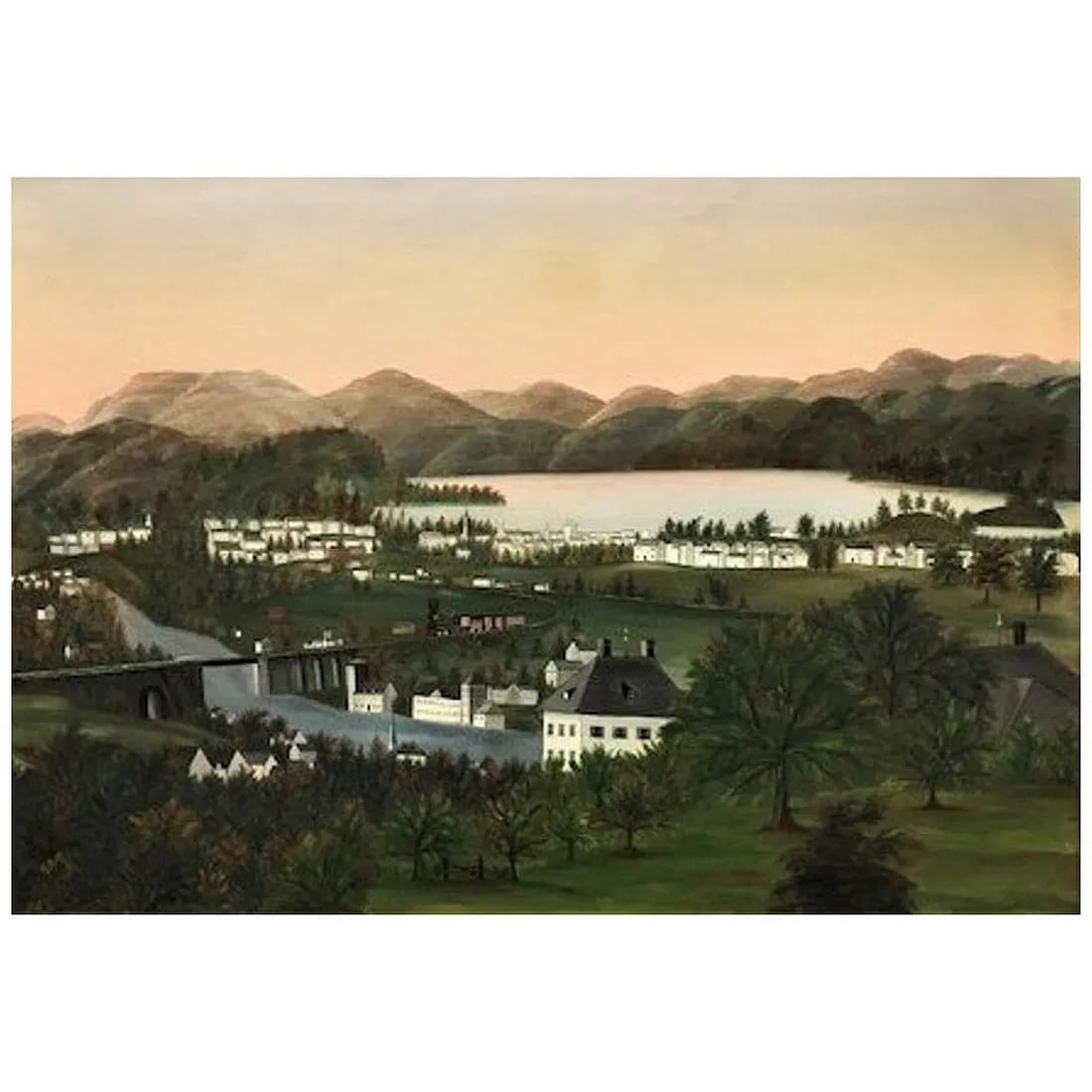 American School, Rural Hilly Landscape w/ Lake and Railway O/C Painting, 19 C: American School, Rural Hilly Landscape w/ Lake and Railway O/C Painting, 19 C Artist: Unknown .Painting: Rural Hilly Landscape with Lake and Railroad. Period : XIX century.Style: American School, Prim