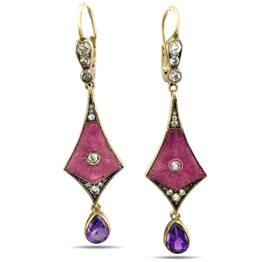 Imperial Russian 56k (14K) Yellow Gold, Enamel, Amethyst & 1.50ct: Imperial Russian 56k (14K) Yellow Gold, Enamel, Amethyst & 1.50ct Imperial Russian 56k (14K) Yellow Gold, Enamel, Amethyst & 1.50ct Diamond Earrings, Circa 1900 A stunning pair of Imperial Russian ear
