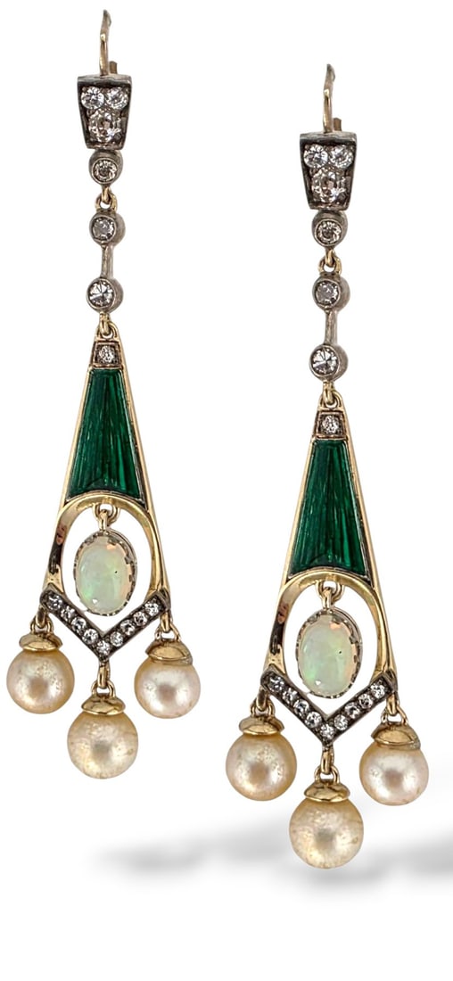 Imperial Russian 56 Gold (14k gold) 1.50ct Diamond Enamel Earrings: Imperial Russian 56 Gold (14k gold) 1.50ct Diamond Enamel Earrings Material: 56k Gold, Green Enamel and Diamond Marked: with work master initials FT Also marked with 56k gold (14k gold) marks and koko