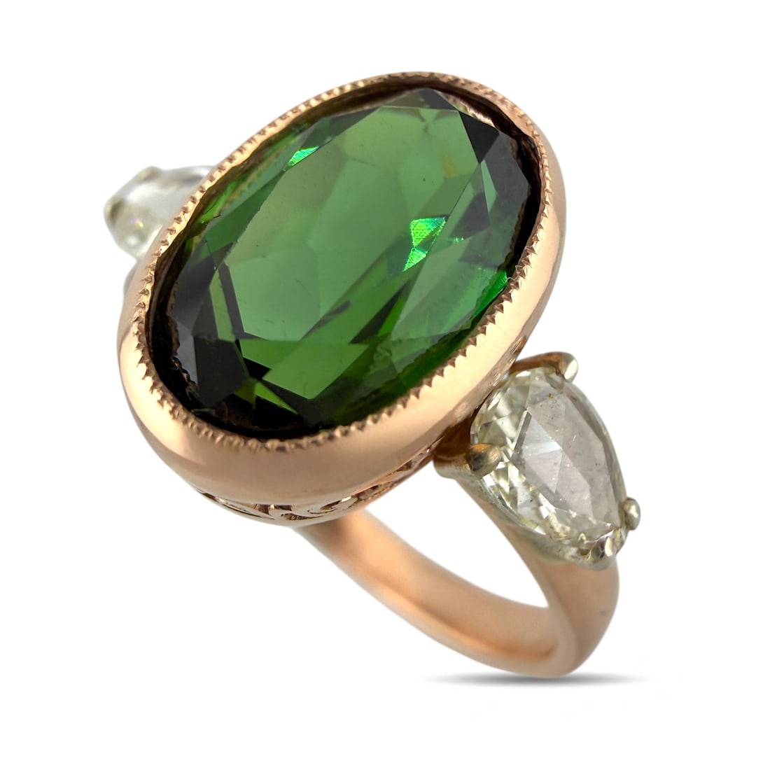 Exclusive Imperial Russian 14K Rose Gold 2.30ct Tourmaline and Diamond Ring: Exclusive Imperial Russian 14K Rose Gold 2.30ct Tourmaline and Diamond Ring Crafted in warm Russian 14 karat rose gold, this elegant ring features a vibrant oval cut tourmaline at its center, beautifu