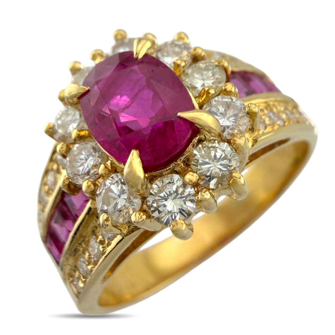 Exclusive 18K Yellow Gold 1.08ct Diamond and 1.76ct Ruby Ring: Exclusive 18K Yellow Gold 1.08ct Diamond and 1.76ct Ruby Ring This ornate ring presents a vivid ruby at its center surrounded by additional ruby accents that create a rich, elegant display of color. T