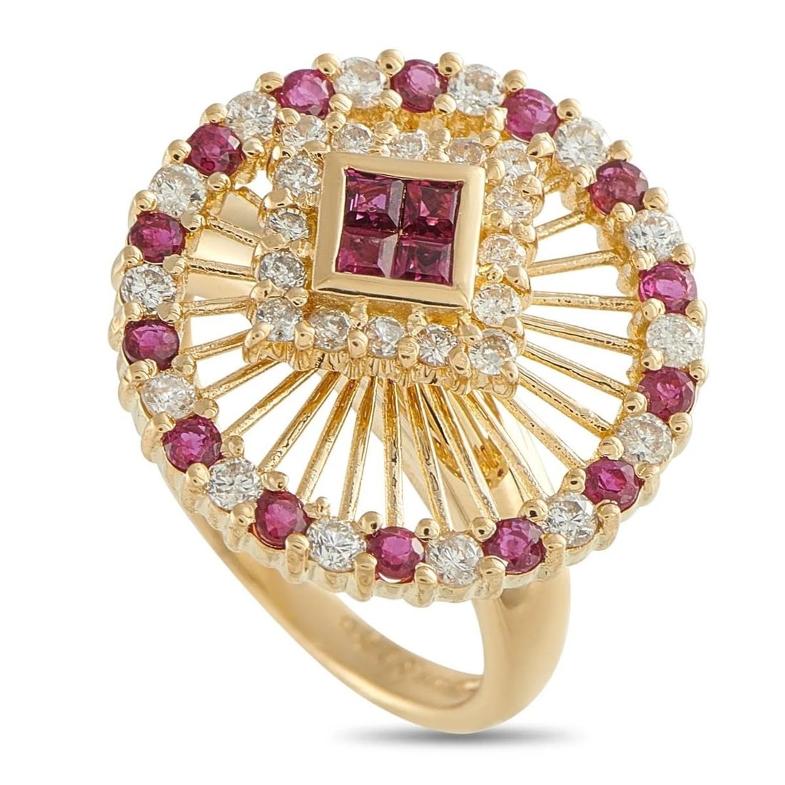 18K Yellow Gold and 0.70ct Diamond and 0.86ct Ruby Ring: 18K Yellow Gold and 0.70ct Diamond and 0.86ct Ruby Ring In this Exclusive piece, the 3mm yellow gold band rises to a 12mm Open-Worked top Reminiscent of a Ferris wheel. Ferris wheel moving around nice