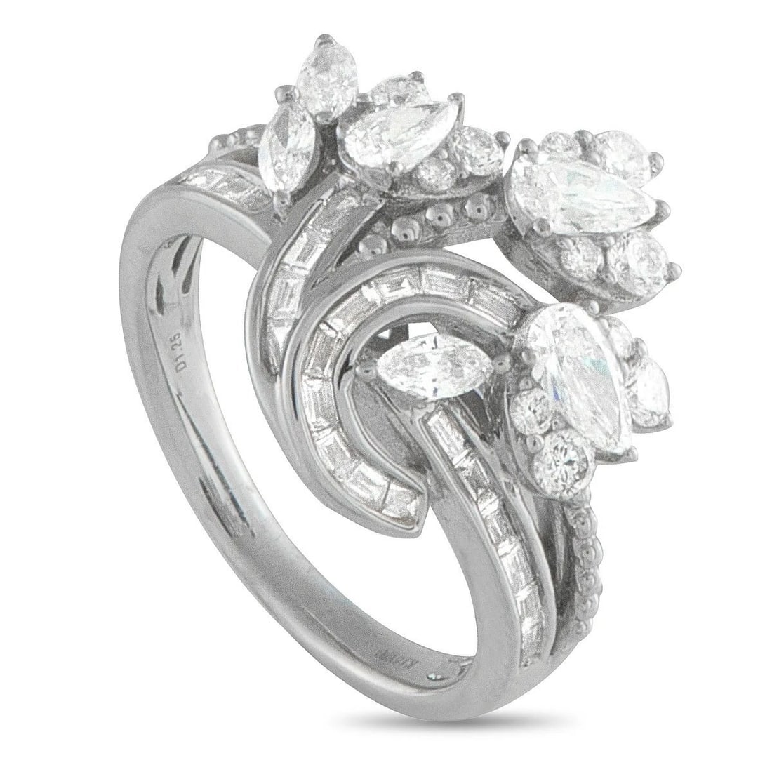 EXCLUSIVE 18K White Gold 1.25ct Diamond Ring: EXCLUSIVE 18K White Gold 1.25ct Diamond Ring In this Exclusive piece, the white gold band splits into two flowing ribbons, one ridged and the other lined with step-cut diamonds in an east-west channel