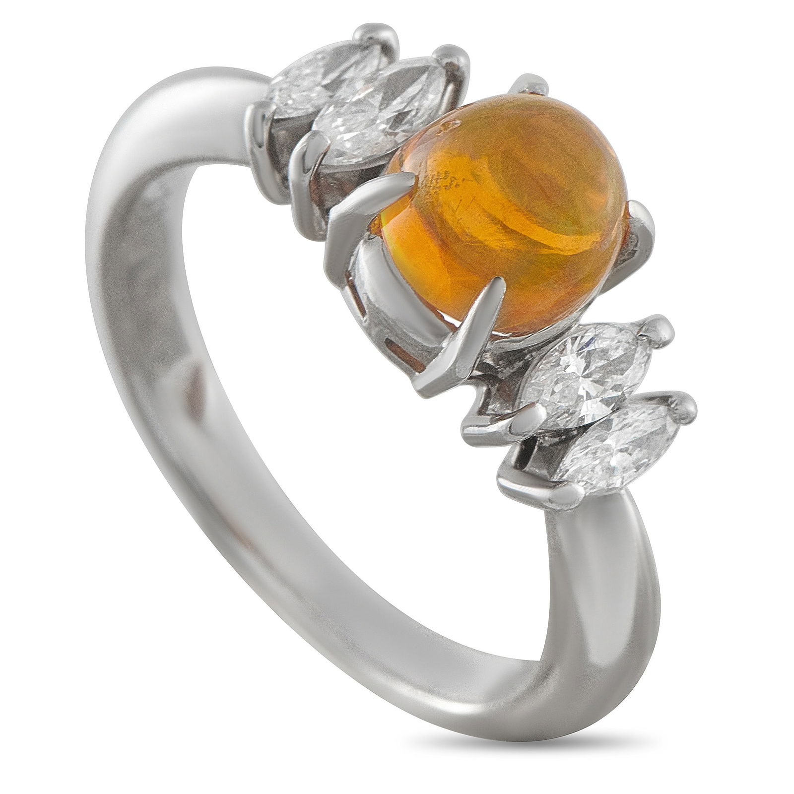 Platinum 0.36ct Diamond and Opal Ring: A captivating 1.08 carat Opal with a warm, orange hue makes a statement on this exquisite ring. The center stone is also surrounded by marquise-cut Diamonds totaling 0.36 carats, which add classic ele