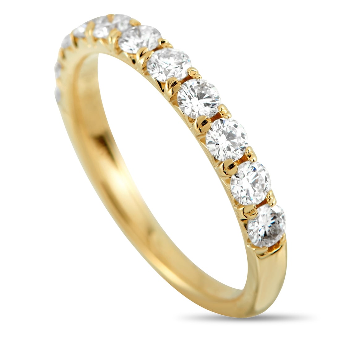 18K Yellow Gold 0.86ct Diamond Half-Eternity Band: Like a slim line of morning light, this 18K yellow gold semi-eternity ring carries 0.86 carats of diamonds set neatly across the top. The diamonds sit close and even, giving a gentle sparkle that work