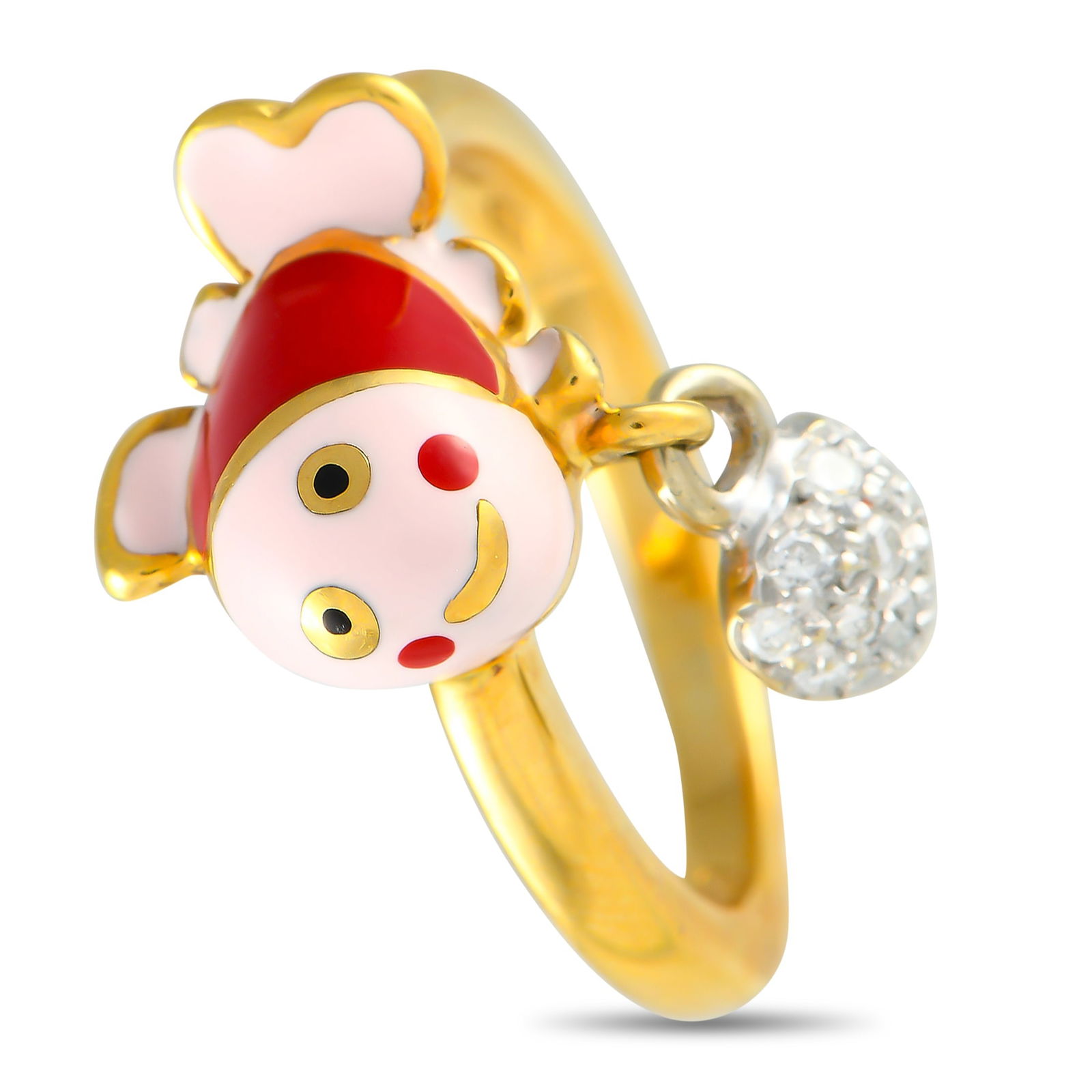 Aaron Basha 18K Yellow Gold Diamond and Enamel Clown Fish Ring: This Aaron Basha ring is full of personality. At the top of the 1mm wide band, a smiling clownfish makes a statement thanks to red and pink enamel accents. Dangling at his side, a heart shaped charm