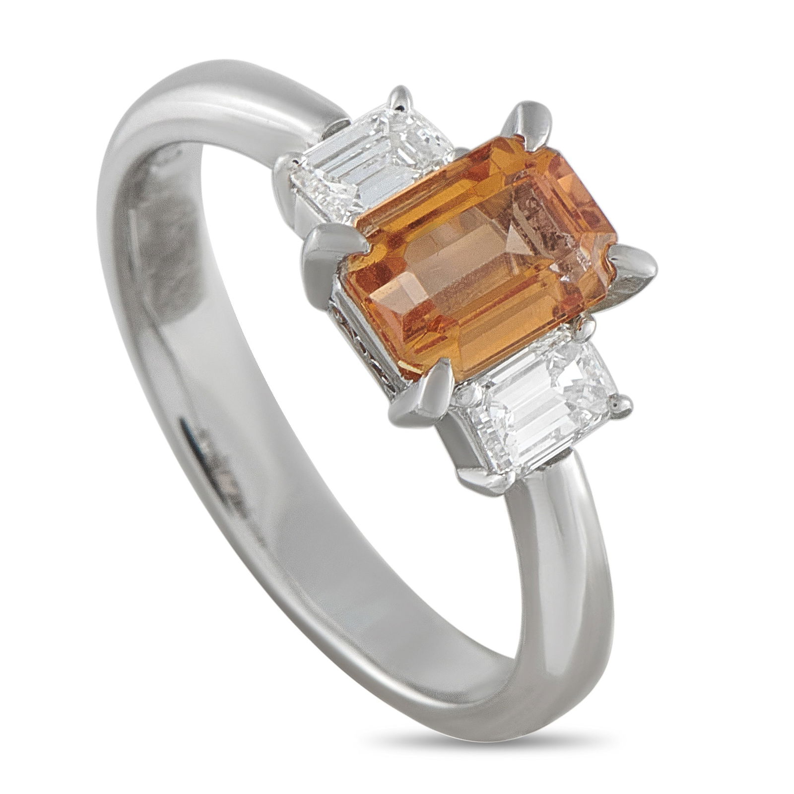 Platinum 0.59ct Diamond and Imperial Topaz Ring: This simple three stone ring is incredibly elegant. Perfect for anyone with a minimalist aesthetic, the 1.38 carat Imperial Topaz center stone is elevated by Diamond accents totaling 0.59 carats. Set