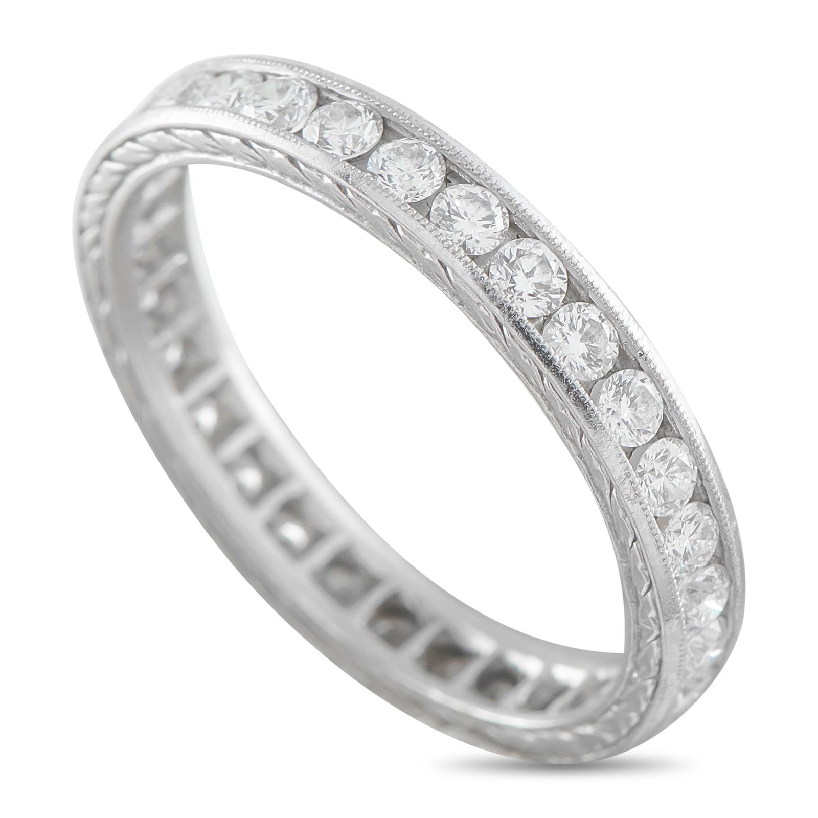 Platinum 1.0ct Diamond Eternity Band: This simple, elegant eternity band ring is truly timeless. Beautiful no matter if it’s worn alone or stacked with other luxury pieces, Diamonds with a total weight of 1.0 carats cover the entirety