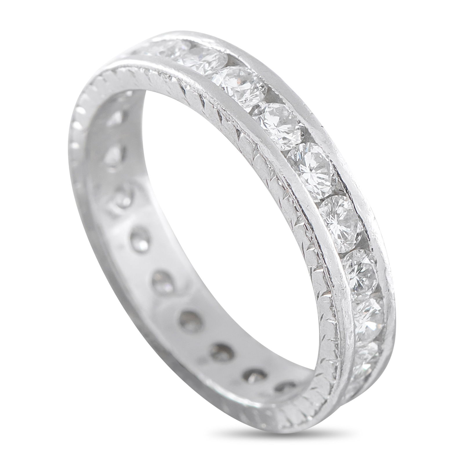 Platinum 1.0ct Diamond Eternity Band: This eternity band ring will add a touch of luxury to any ensemble. Set in Platinum, the minimalist setting beautifully showcases sparkling round-cut Diamonds with a total weight of 1.0 carats. A 4mm