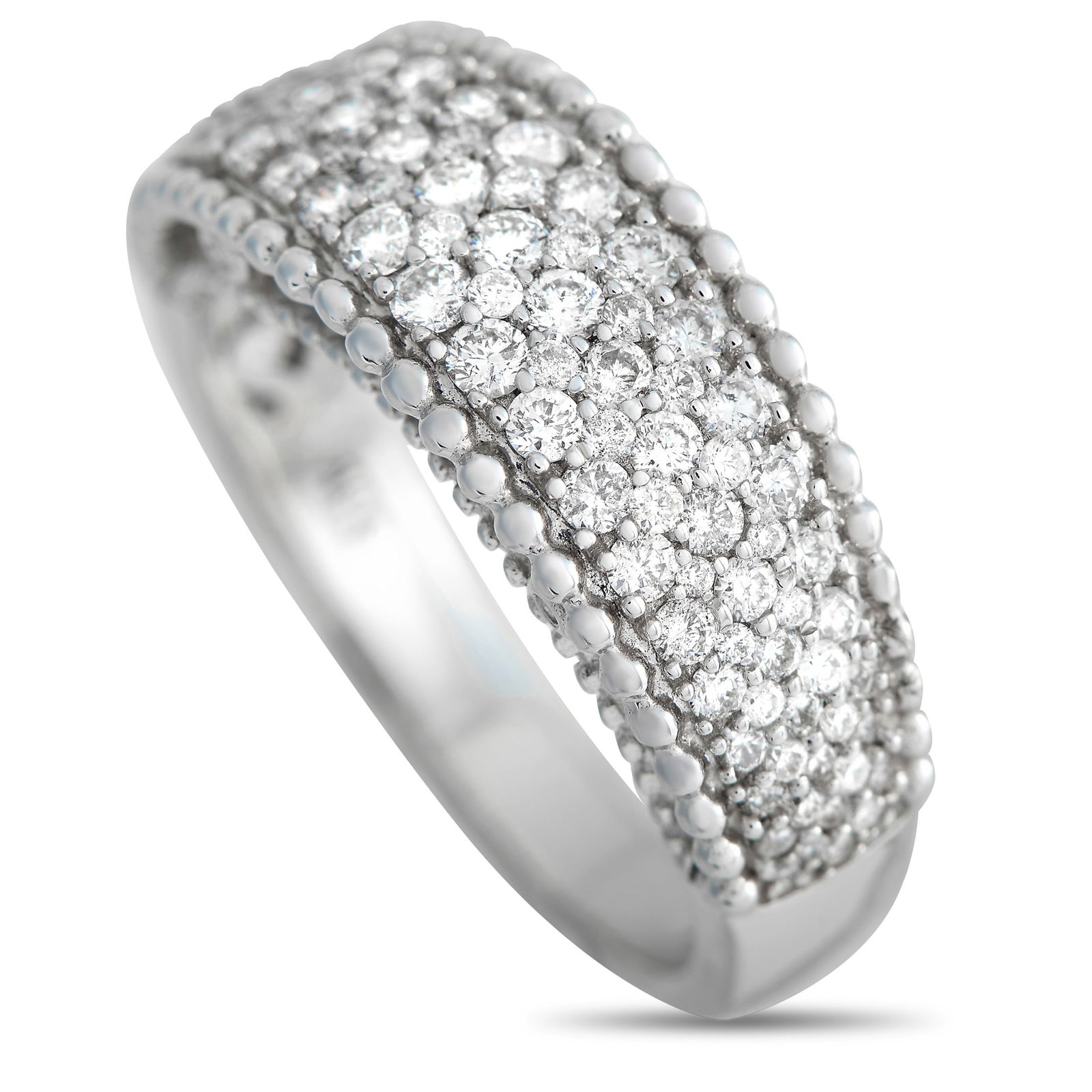 14K White Gold 1.0ct Diamond Ring: A 14K white gold setting with delicate millegrain accents at the edges provides the perfect foundation for this ring’s sparkling inset diamonds, which together total 1.0 carats. Elegant and ideal fo