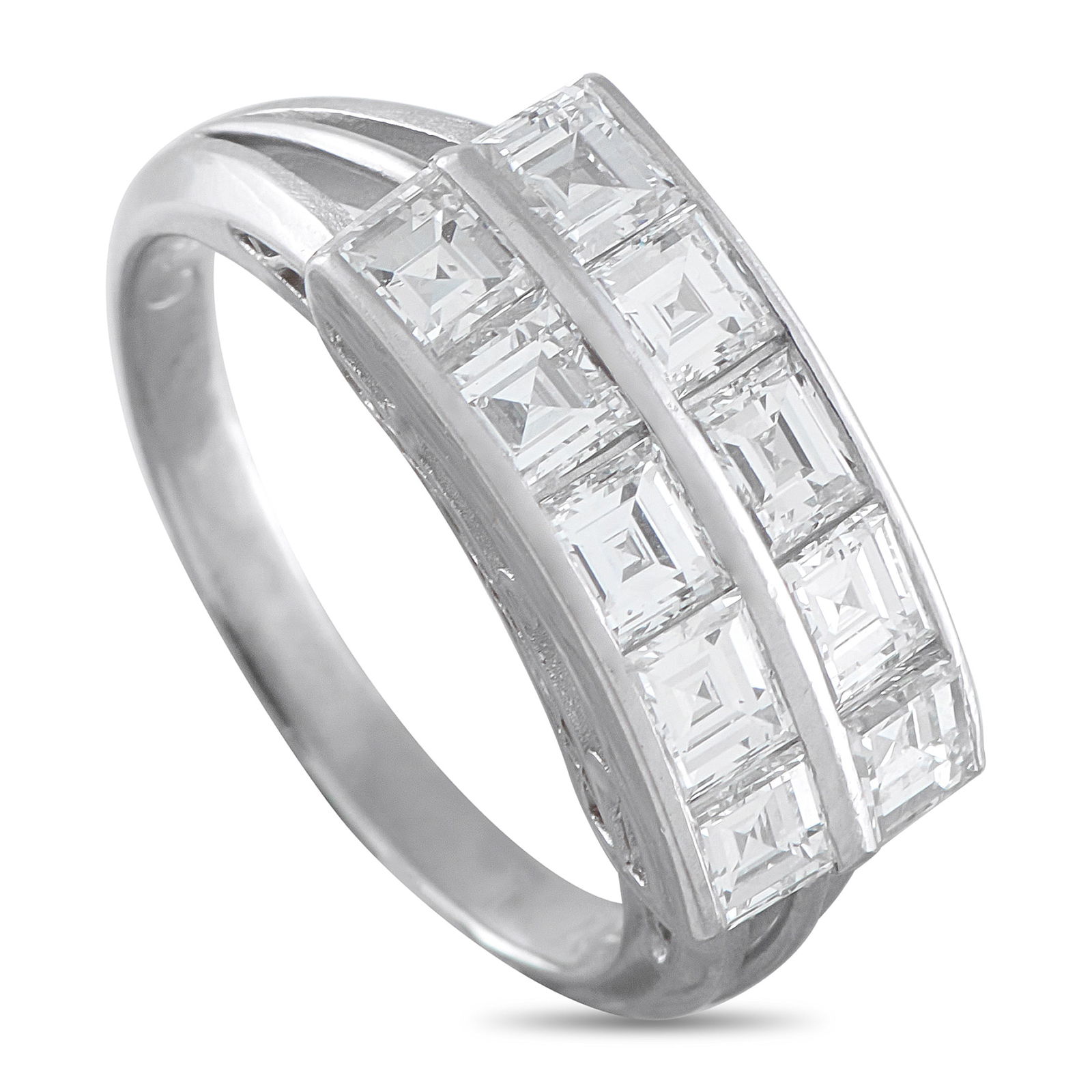 Platinum 1.49ct Diamond Ring: In this piece, every detail combines precision and artistry. It starts with a slender 2mm platinum band carrying a centerpiece lined with two rows of square-cut diamonds. Each row is cradled in a half