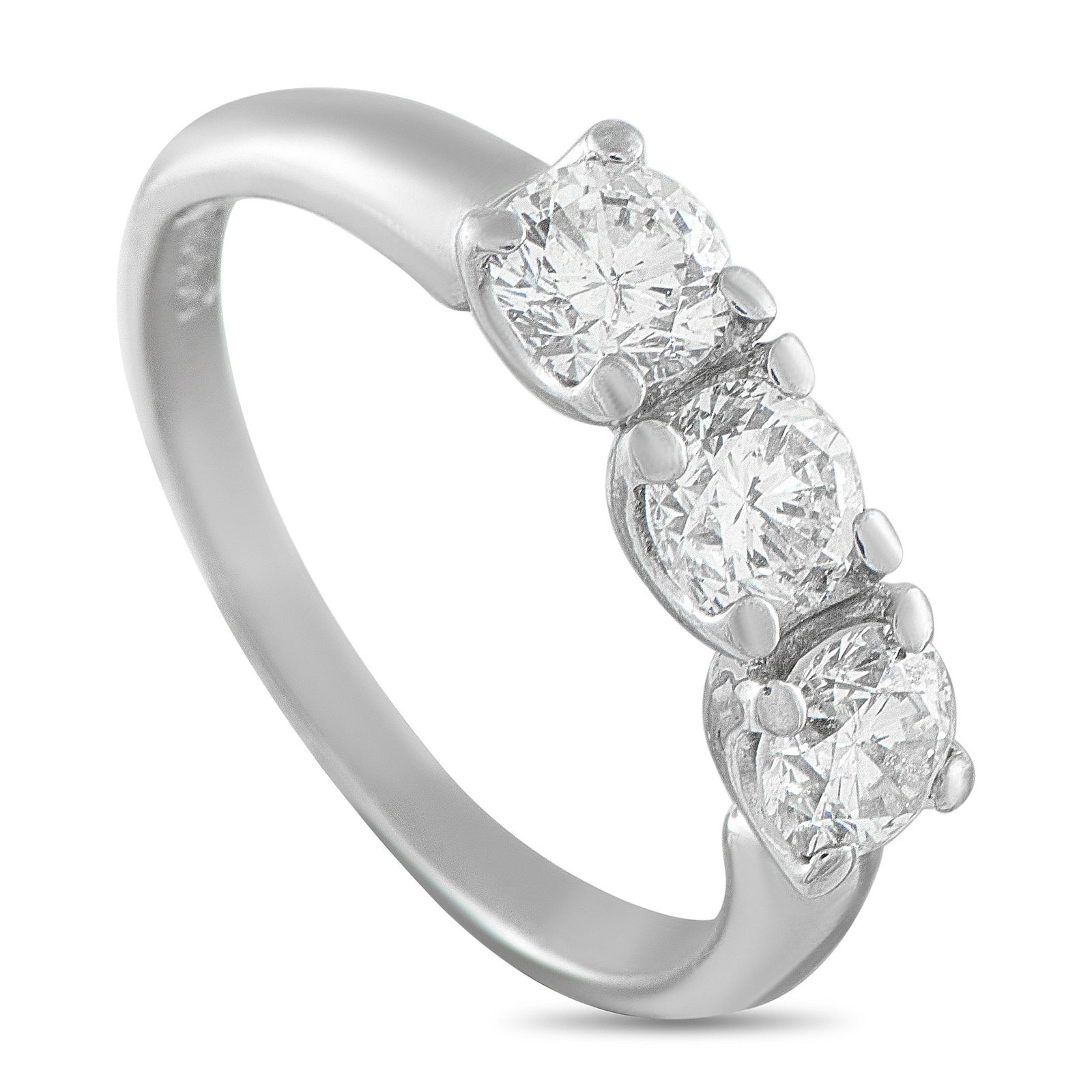 Platinum 1.28ct Diamond Three-Stone Ring: A trio of round-cut Diamonds totaling 1.28 carats make this luxury ring incredibly charming. Simple and understated in design, the sleek Platinum setting makes it ideal for any minimalist. It features