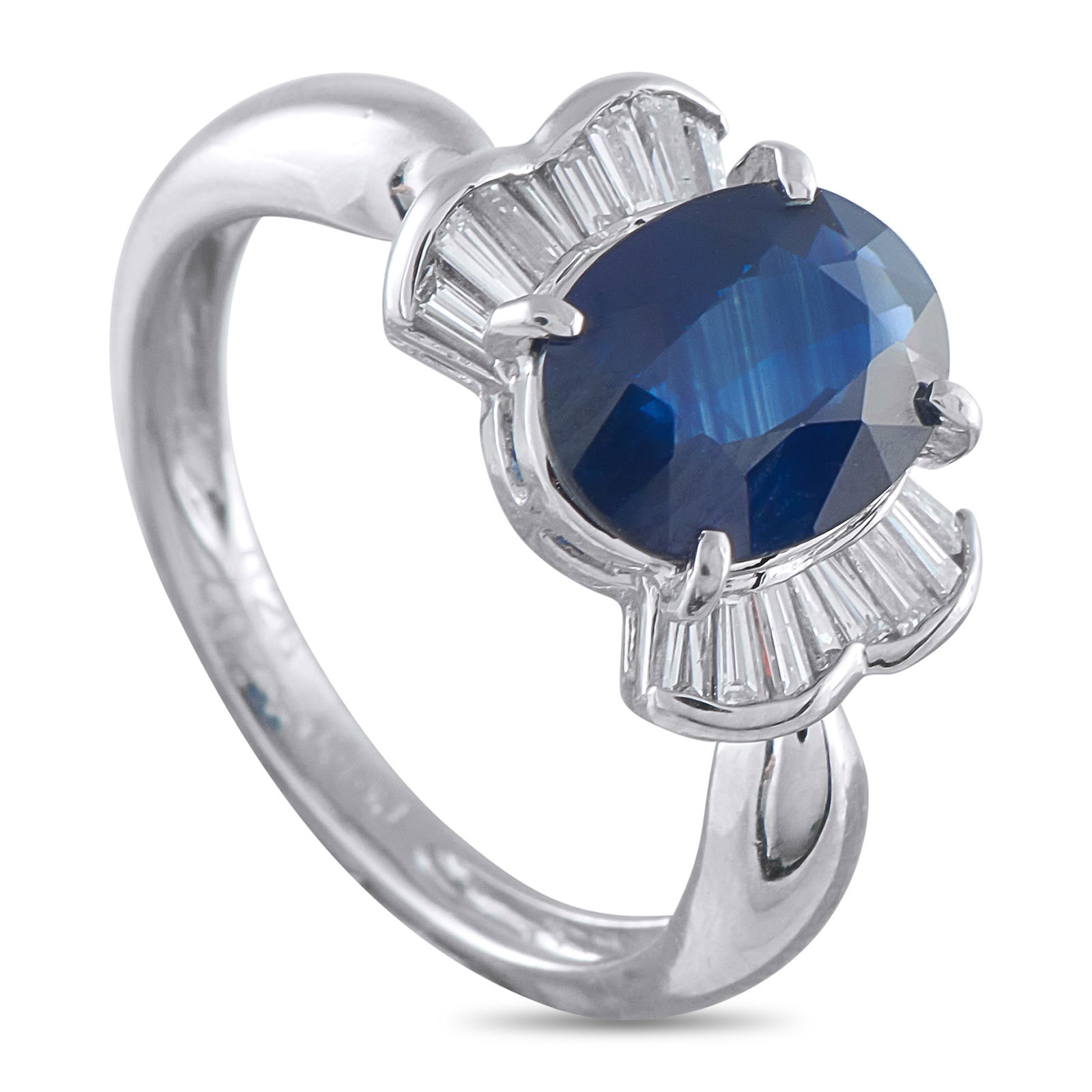 Platinum 0.26ct Diamond and Sapphire Ring: A stylish Art Deco setting sets the stage for this exquisite ring. At the center, a 2.07 carat Sapphire gemstone makes a stunning statement. Diamond accents totaling 0.26 carats provide the perfect fi