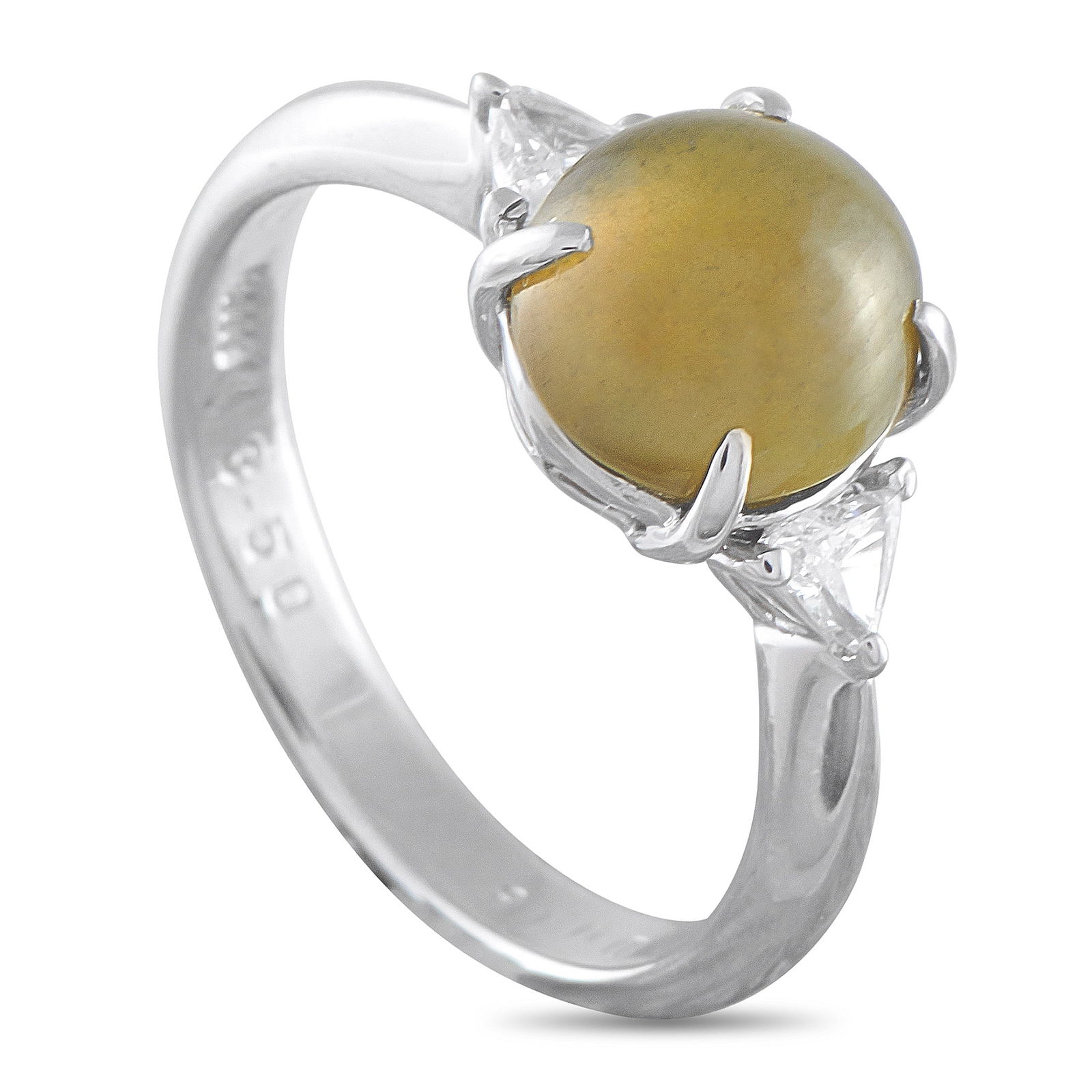 Platinum 0.18ct Diamond and Cats Eye Ring: The design of this ring is simple yet definitely unique. It features a 3.5-carat round cat’s eye cabochon, a gem prized for its captivating chatoyancy (the line of light that moves across its surfac