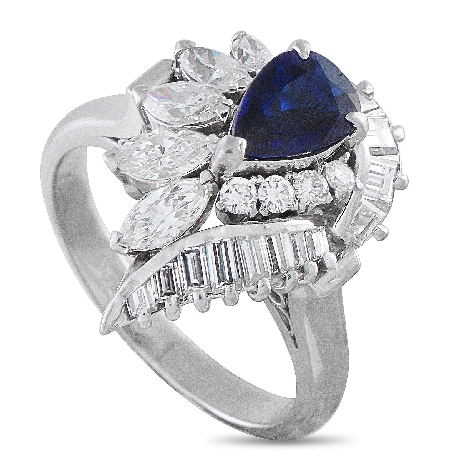 Platinum 1.15ct Diamond and Sapphire Ring: Diamonds with a total weight of 1.15 carats allow this dazzling ring to come alive every time it catches the light. Stunning and statement-making, a pear-shaped 0.96 carat Sapphire center stone adds a
