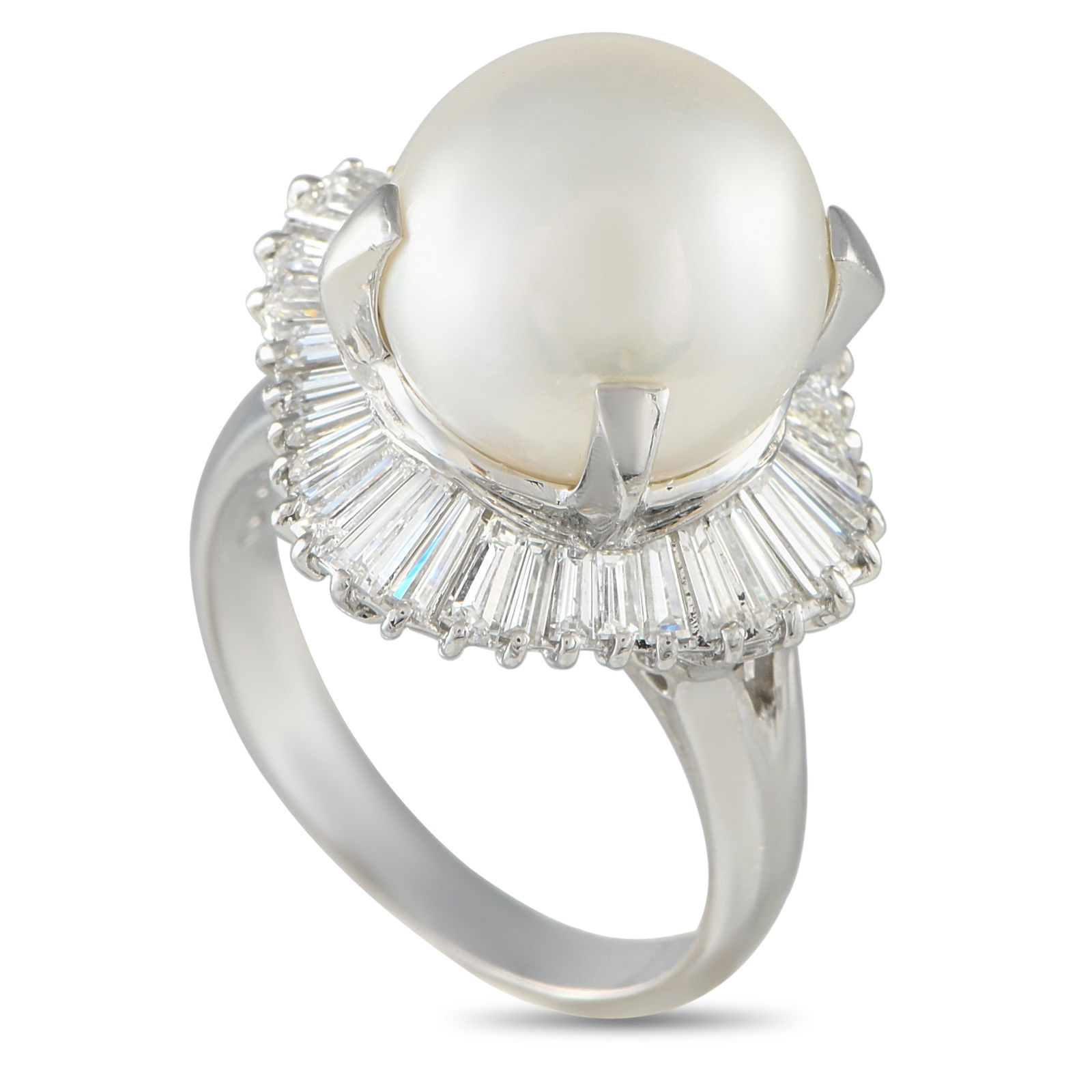 Platinum 1.69ct Diamond and Pearl Ring: This impressive ring is uniquely elegant in design. On this exciting accessory, a Pearl center stone is surrounded by a sparkling halo of Diamonds totaling 1.69 carats. This piece’s Platinum setting