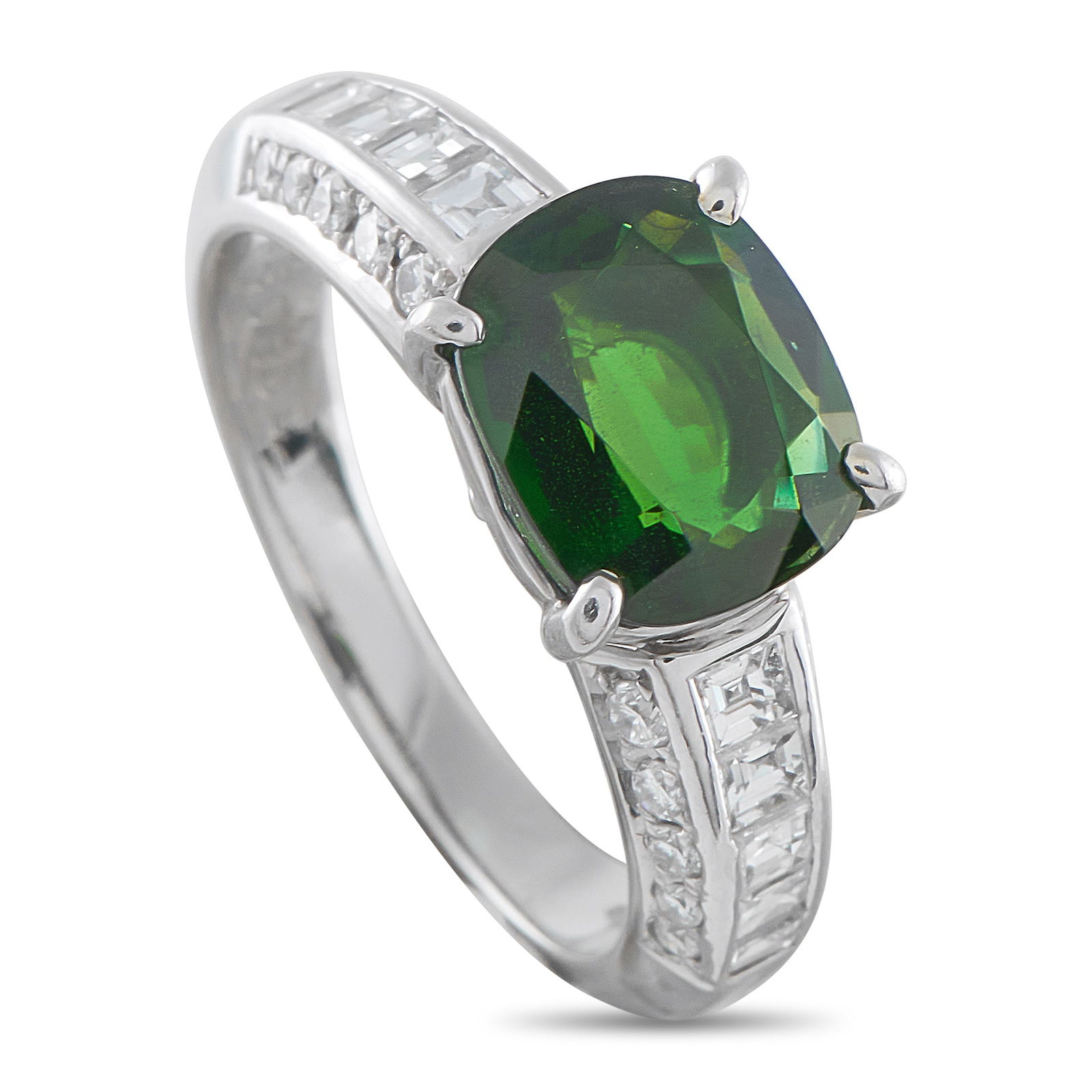 Platinum 0.91ct Diamond and Tourmaline Ring: The design of this ring begins and ends with the colored centerstone. An oval tourmaline takes the spotlight, its vivid tone standing out against platinum. Tapering square diamonds are channel set alo