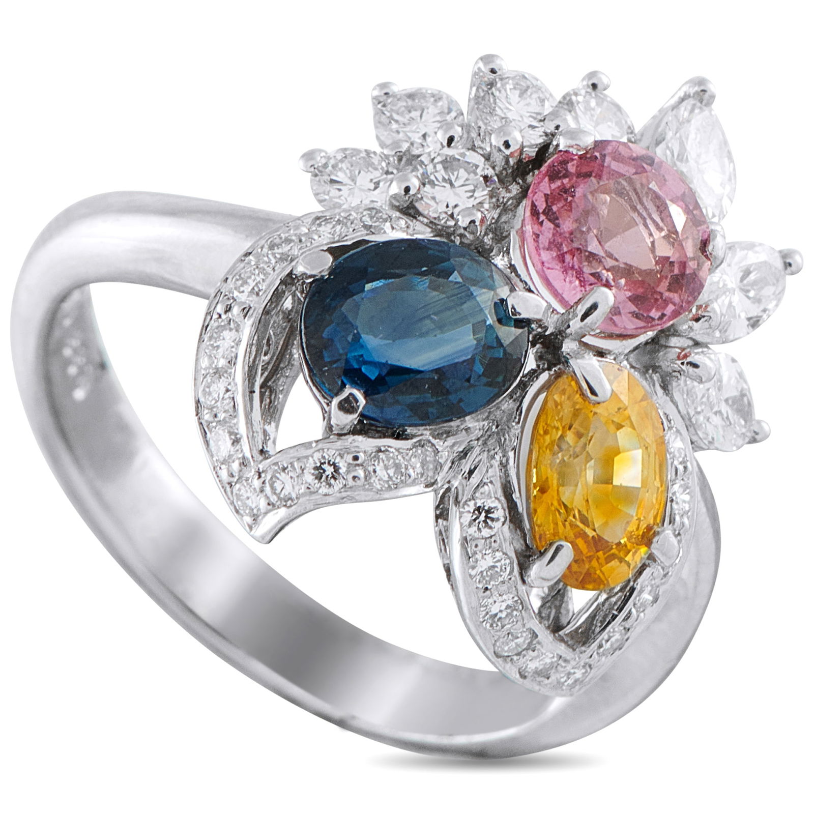 Platinum 0.73ct Diamond and Sapphire Ring: This ring’s exceptionally feminine design features a trio of sapphires in vibrant blue, sunny yellow, and delicate pink. The chromatic centerpiece is surrounded by leaf-inspired curved rows of brill