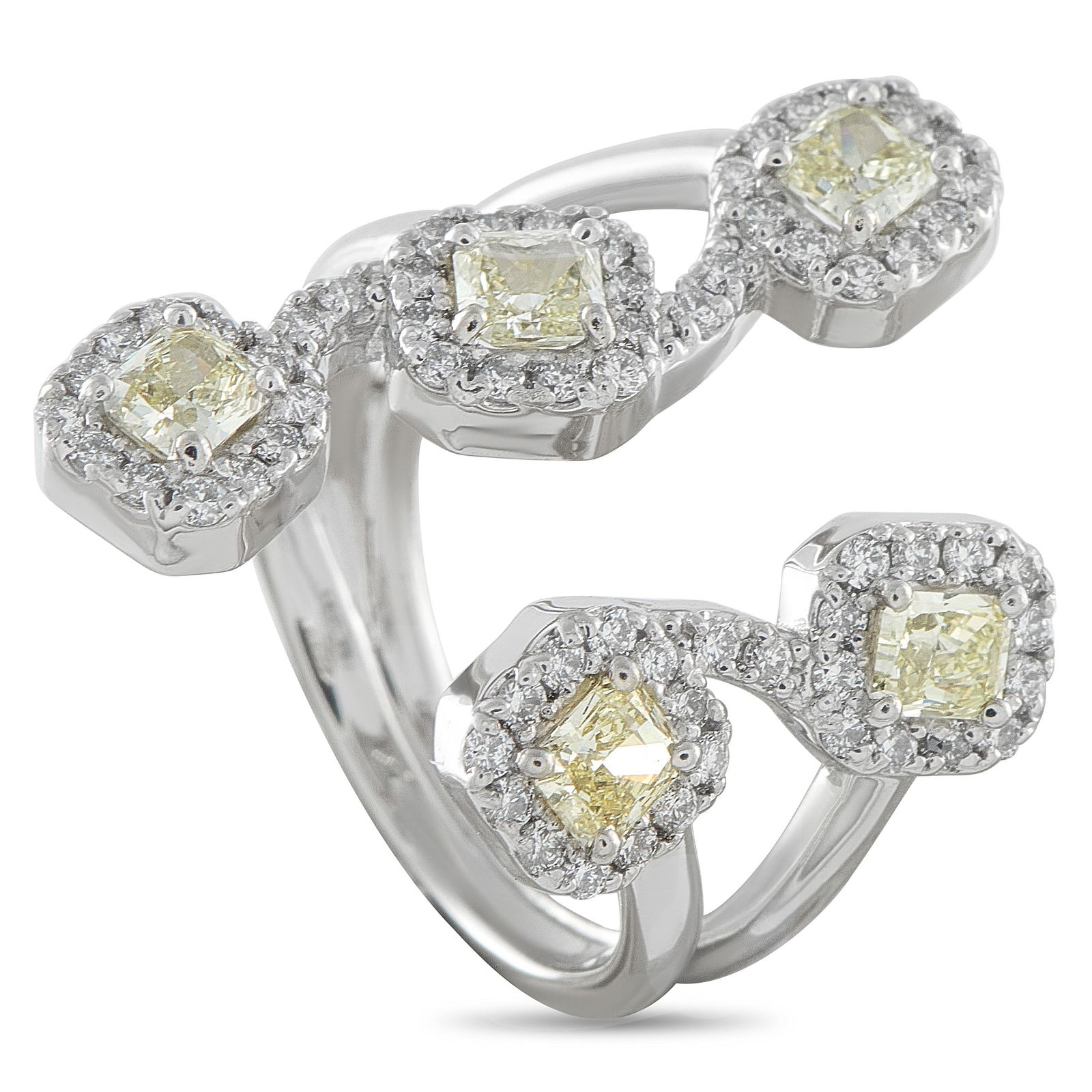 Platinum 1.57ct White and Fancy Yellow Diamond Open Ring: Made with a striking open center design, this dramatic luxury ring exudes contemporary elegance. Fancy Yellow Diamond center stones totaling 0.98 carats add a subtle pop of color, while additional Dia