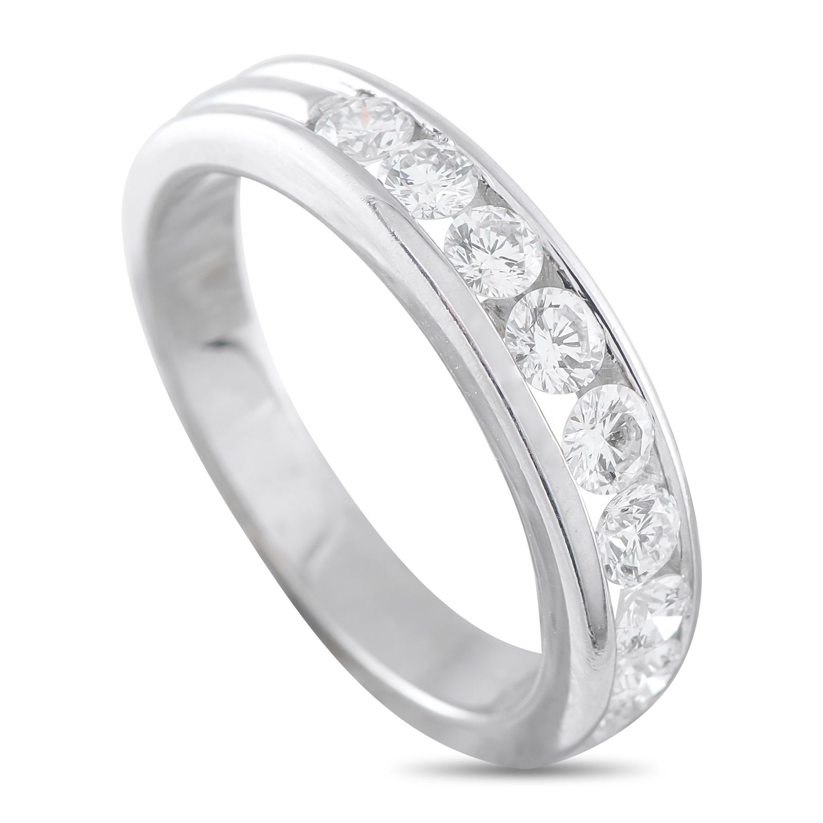 18K White Gold 1.0ct Diamond Half-Eternity Ring: A modern take on a classic promise. This white gold half eternity ring features round diamonds set in a channel that traces half of the 5mm-wide band’s circumference. The diamonds sit flush within t