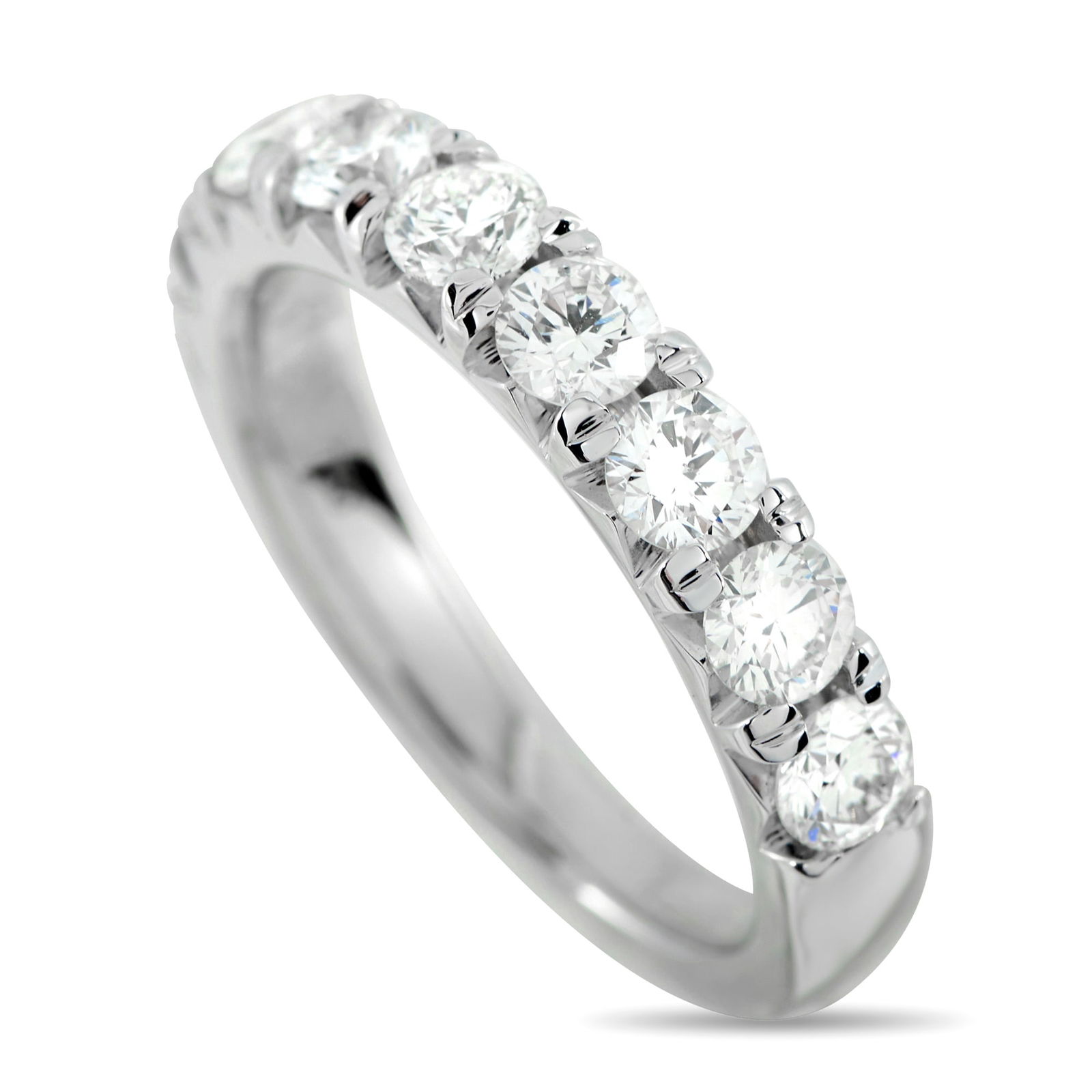 18K White Gold 1.51ct Diamond Half-Eternity Band: Fashioned in 18K white gold, this half-eternity ring shows off a cool, icy beauty that instantly draws the eye. Round diamonds totaling 1.51 carats line the 3mm band’s top arc, creating a bright, un