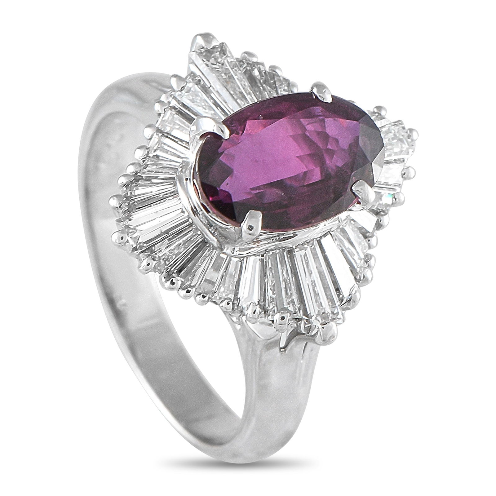 Platinum 1.26ct Diamond and Purple Sapphire Ring: A stunning 2.62 carat Purple Sapphire adds a stylish pop of color to this impressive luxury ring. Simple and elegant, a halo of Diamonds totaling 1.26 carats make this piece simply unforgettable. Craf