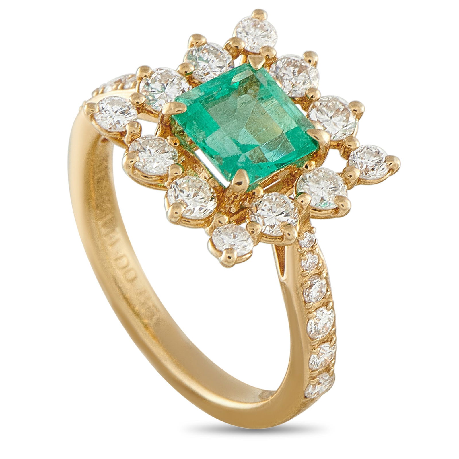 18K Yellow Gold 0.85ct Diamond and Emerald Ring: A classically elegant 18K Yellow Gold setting sets the stage for this luxury ring. At the center, a square-cut 1.11 carat Emerald adds an exciting pop of color. A halo of Diamonds with a total weight