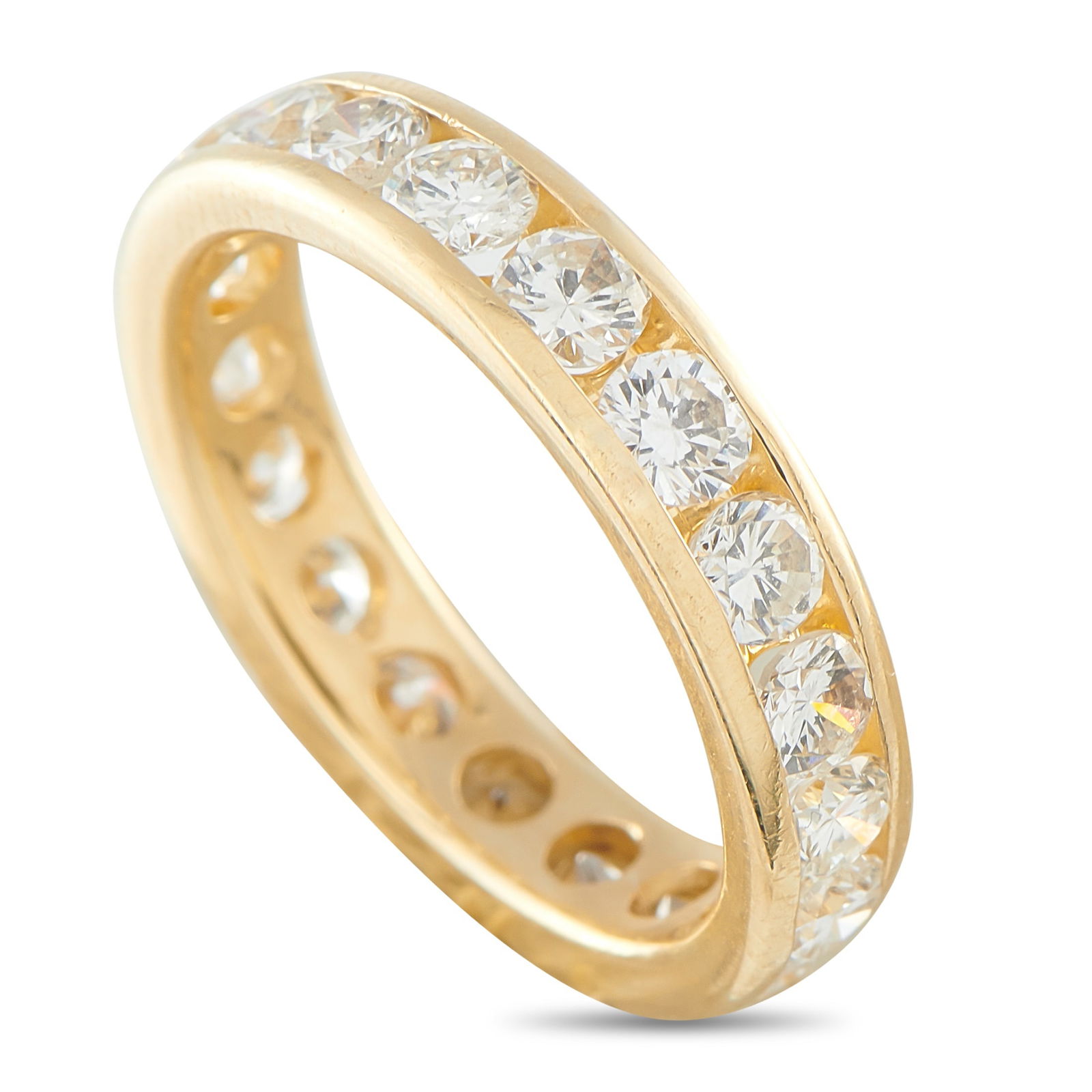 18K Yellow Gold 3.0ct Diamond Eternity Band: This stunning eternity band ring is simple, elegant, and incredibly luxurious. Channel set Diamonds totaling 3.0 carats at the center of the design allow it to effortlessly catch the light. Crafted fr