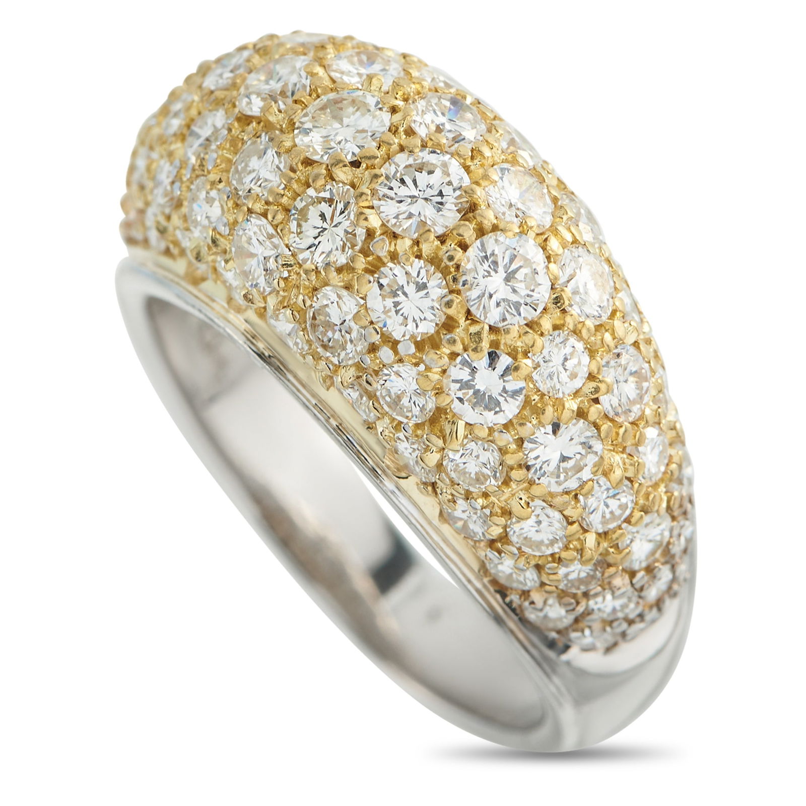 18K White and Yellow Gold 1.40ct Diamond Dome Ring: Controlled, composed, contemporary. A domed white gold ring features a broad 10x20mm top, set with 1.40 carats of round diamonds in varying sizes. The diamonds are scattered across the surface rather