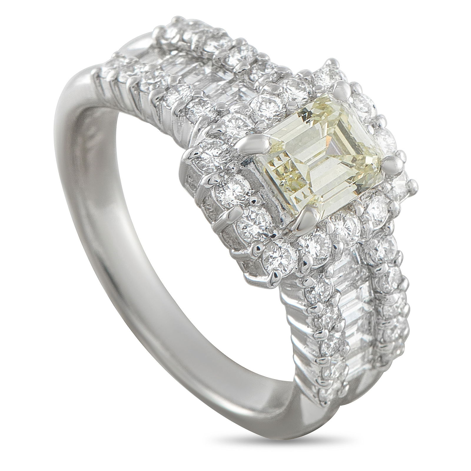 Platinum 2.18ct Diamond Ring: This impeccably crafted ring is designed to continually catch the light. The detailed Platinum setting comes to life thanks to inset Diamonds with a total weight of 1.16 carats. At the center, a 1.02