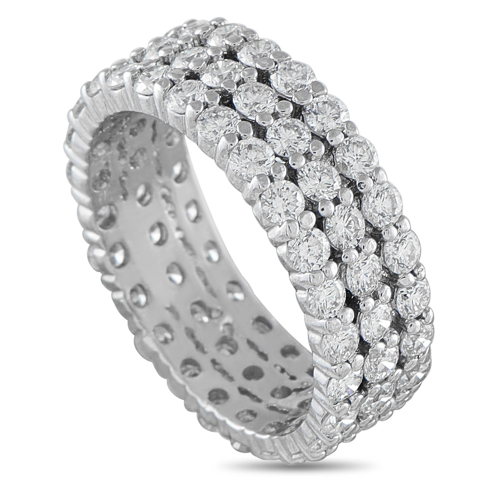 18K White Gold 3.03ct Diamond Three-Row Eternity Band: Three rows of sparkling Diamonds with a total weight of 3.03 carats make this eternity band simply unforgettable. Perfect for wear alone or stacked with other pieces, this elegant ring is ideal for an