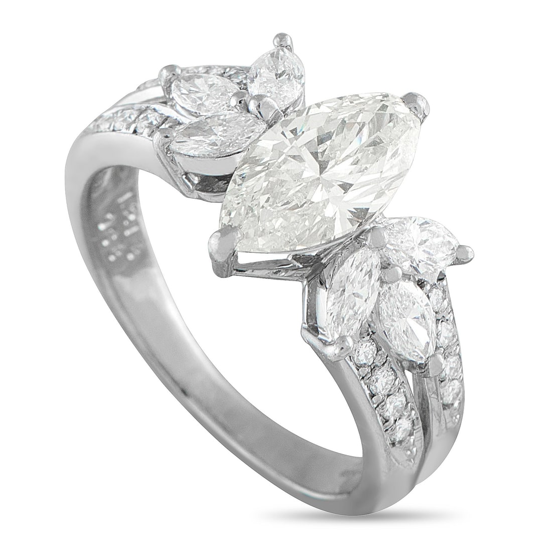 Platinum 1.89ct Diamond Ring: This exquisitely crafted ring will continually catch the light. The classic design includes a 1.21 carat marquise-cut Diamond center stone as well as sparkling Diamond accents totaling 0.68 carats. Se