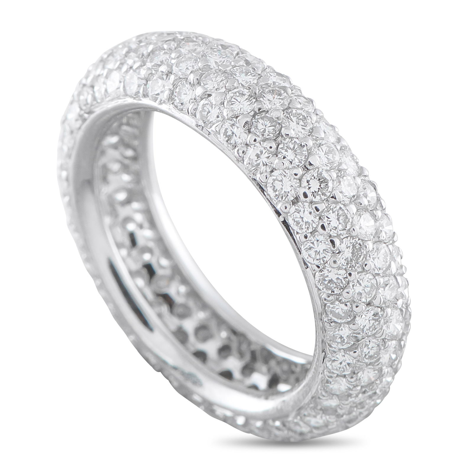 18K White Gold 3.50ct Diamond Pave Eternity Ring: With an all-over shimmer, this ring is meant to be seen. This high-domed eternity ring in white gold is fully pavé-set with diamonds that wrap continuously around the band. Across the 9mm wide band a