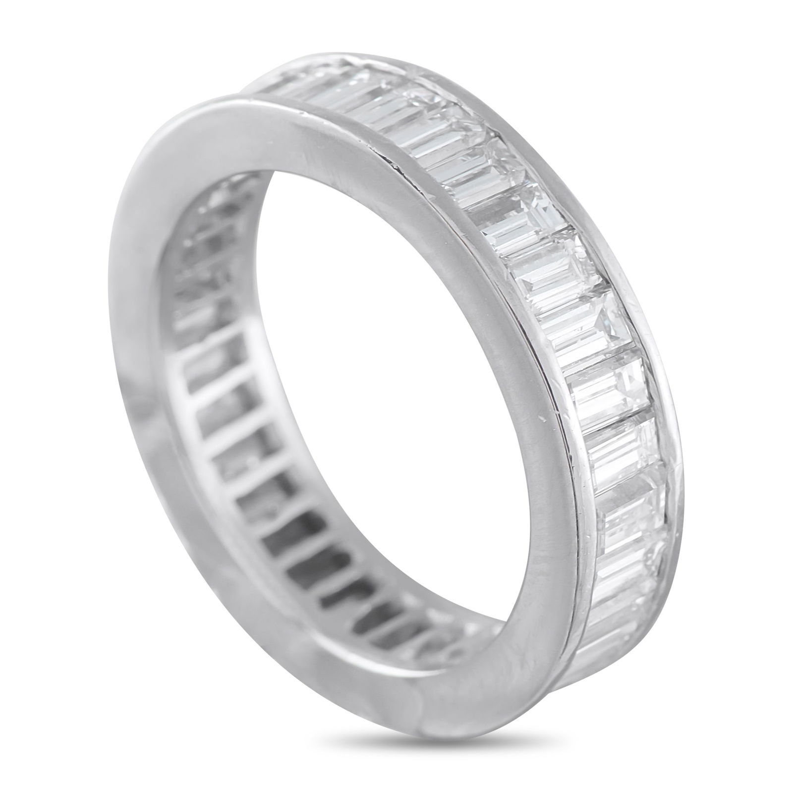 18K White Gold 3.0ct Diamond North-South Baguette Eternity Ring: Clean, cool, and chic. This white gold eternity ring is set with baguette diamonds arranged north-south, creating a vertical rhythm that wraps the full circumference. The step-cut stones are set withi