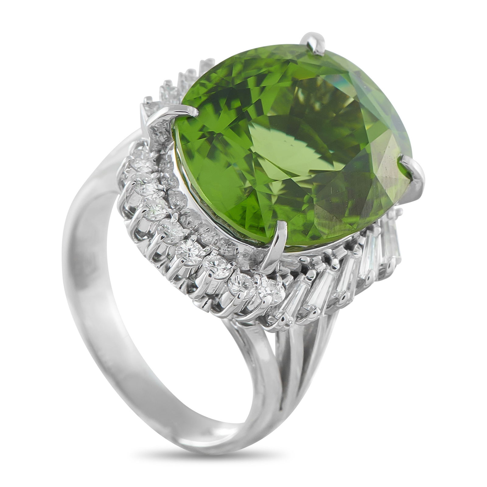 Platinum 0.78ct Diamond and Peridot Ring: A vibrant 16.68 carat Peridot gemstone makes a statement at the center of this luxury ring. Elegant and impossible to ignore, the center stone is surrounded by sparkling Diamond accents with a total