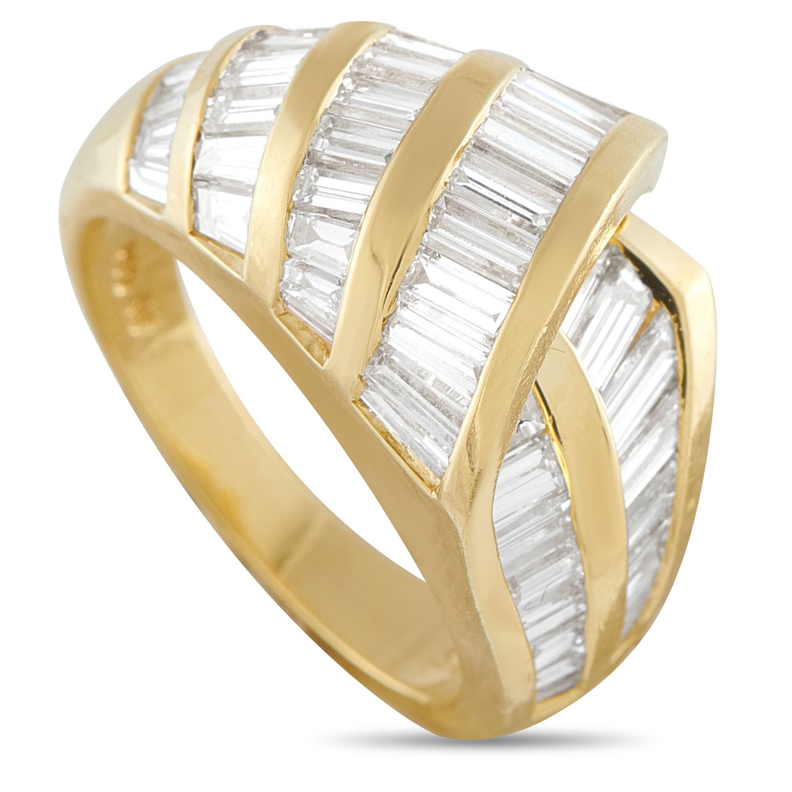 18K Yellow Gold 3.15ct Diamond Ring: Clean lines add elegance and sophistication to this impeccably crafted luxury ring. Set in 18K Yellow Gold, a stunning array of Diamond baguettes totaling 3.15 carats allow it to come alive every