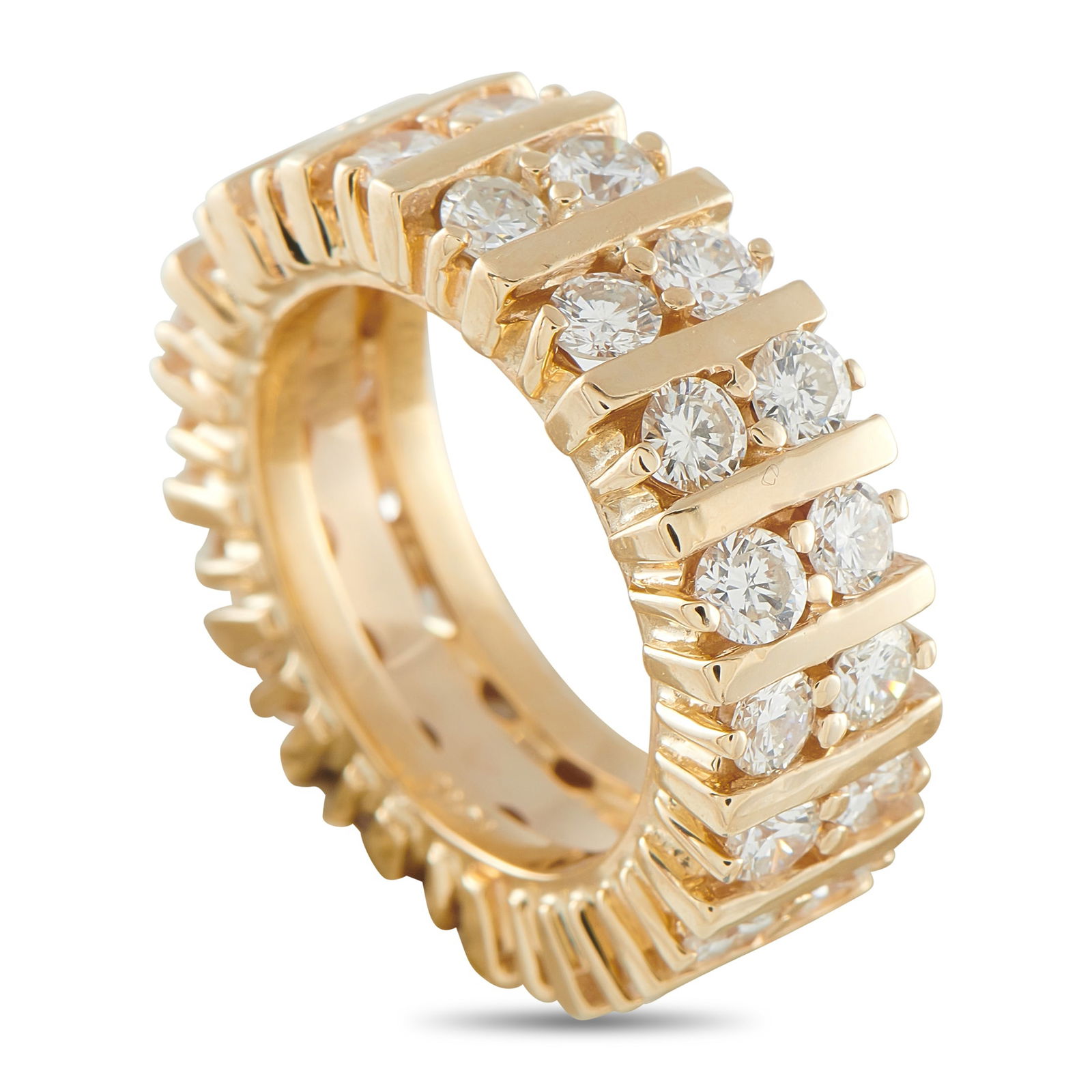 18K Yellow Gold 3.04ct Diamond Band: This luxury band ring is radiant from every angle. Set in 18K Yellow Gold, round-cut Diamonds with a total weight of 3.04 carats encircle the entirety of the design. It measures 9mm wide and features