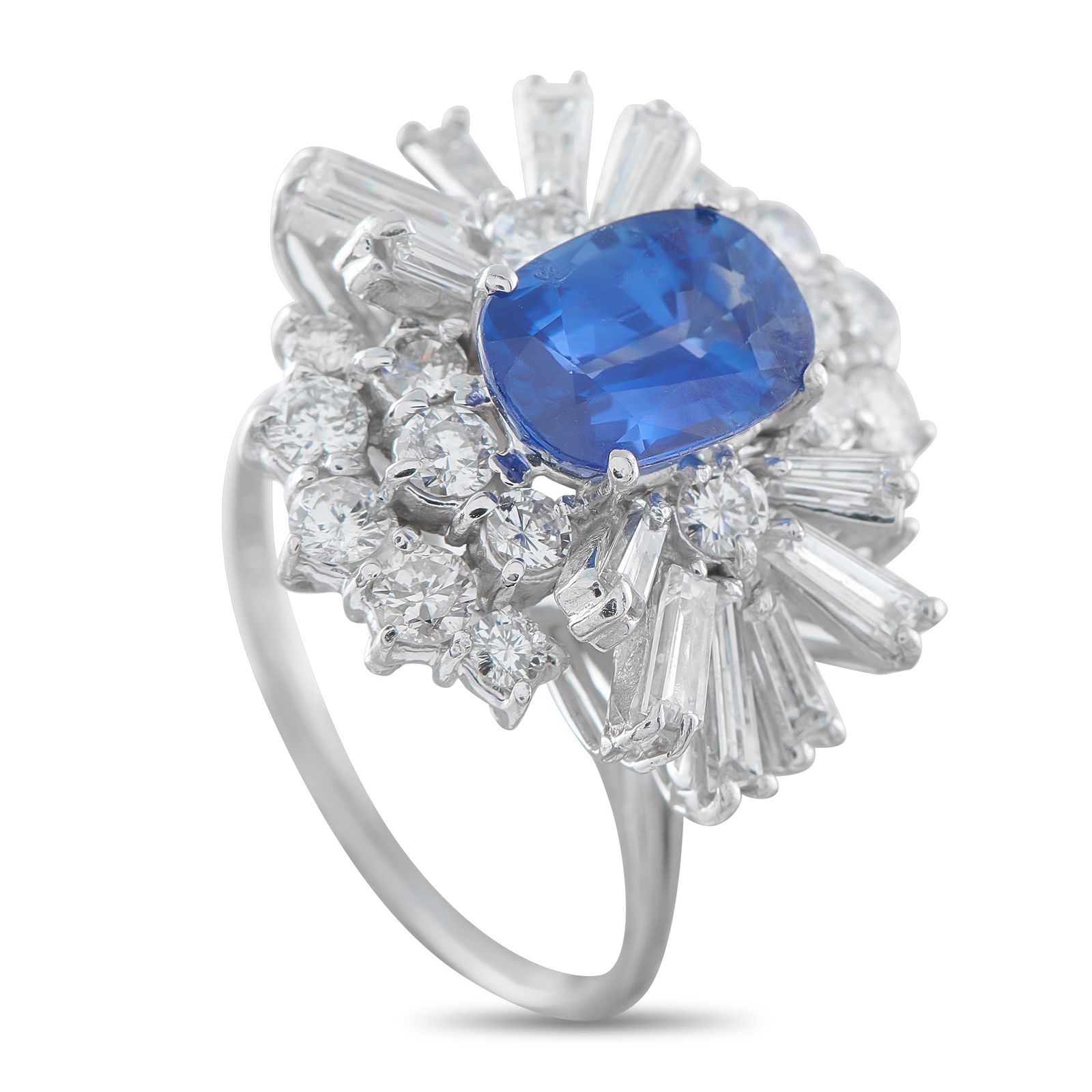 Platinum 1.80ct Diamond and Sapphire Ring: Sparkling Diamonds with a total weight of 1.80 carats make this ring endlessly impressive. At the center, a 1.90 carat Sapphire adds a stylish pop of color to the contemporary design. Crafted from Pla