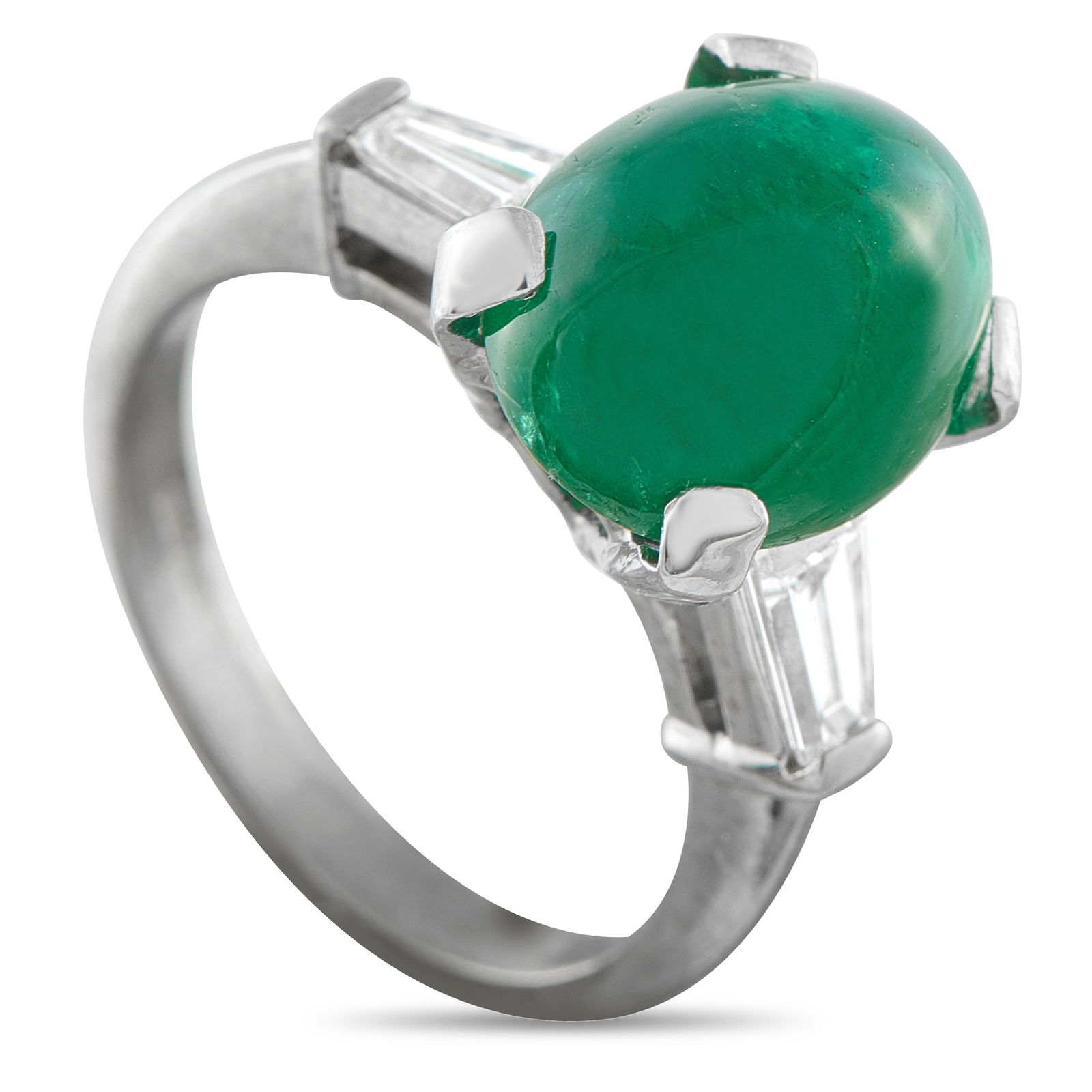 18K White Gold 0.40ct Diamond and Emerald Ring: A bold emerald takes the lead. The 6.25-carat verdant cabochon rises above the finger on four prongs, its rounded surface elevated to an 11mm height for clear impact. The setting keeps the look stream